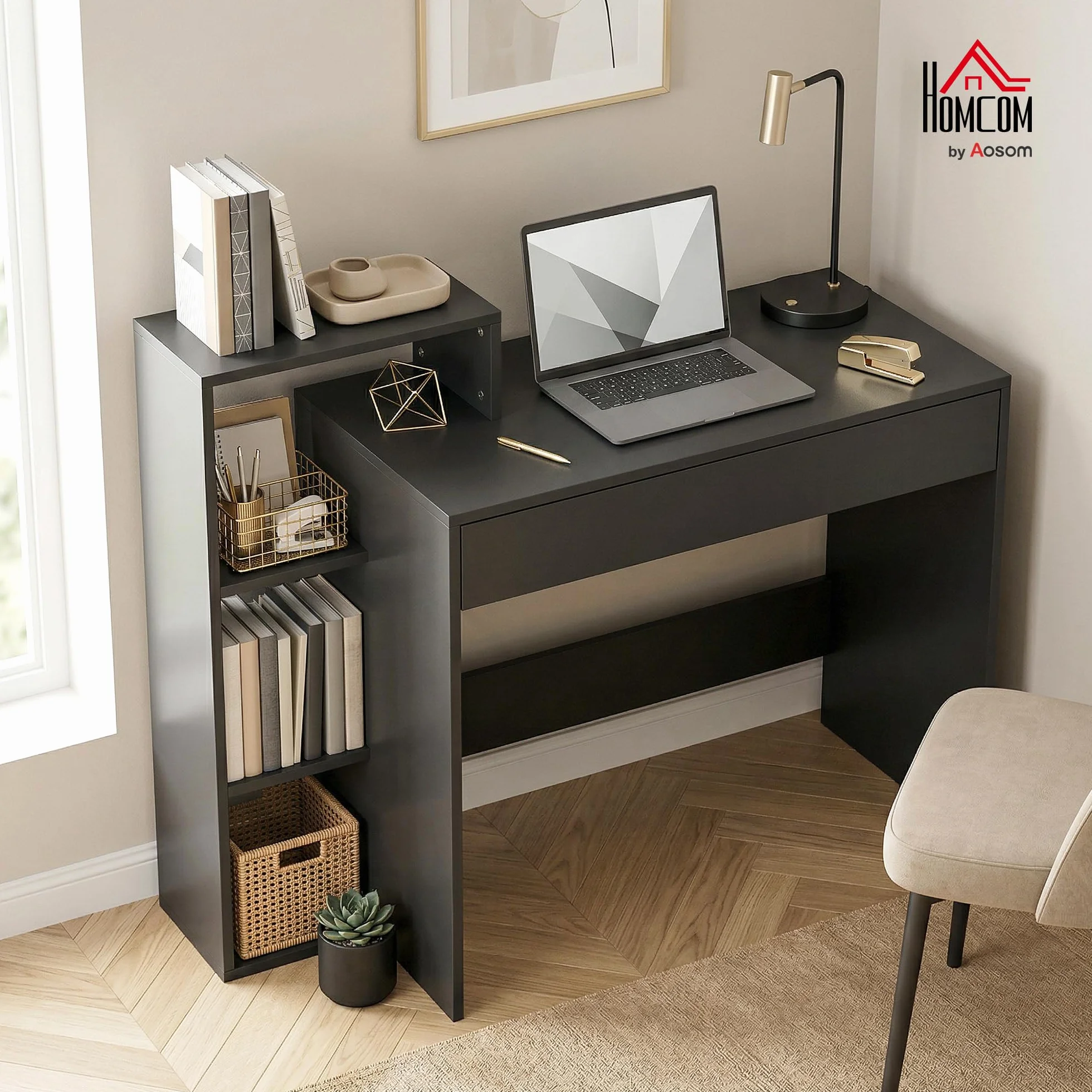 HOMCOM Escritorio con Almacenamiento, Escritorio PC, 100x40x90 cm, Negro | con 3 estantes, cajón, estación de trabajo, Escritorio de computadora para teletrabajo, sala de estar