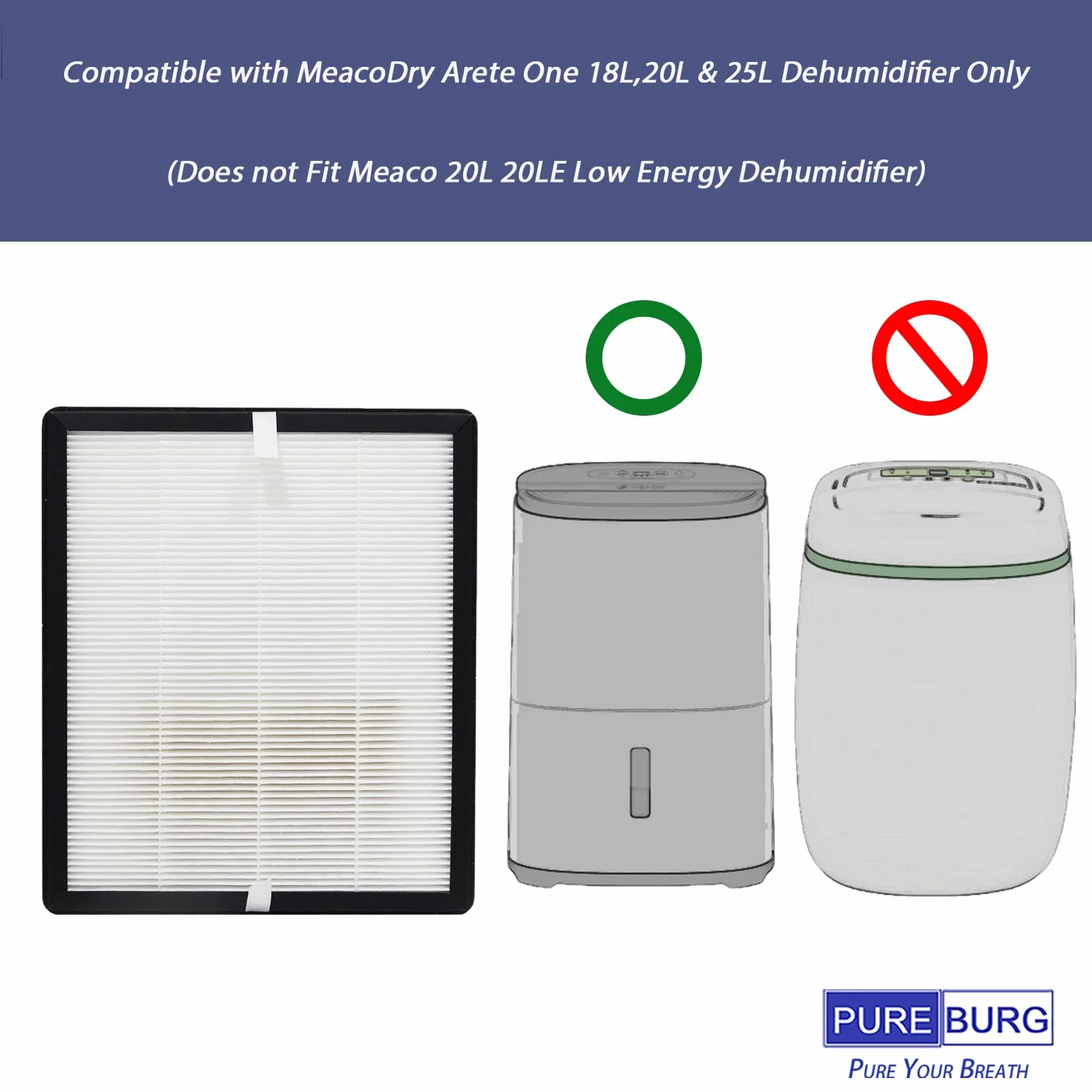 PUREBURG Paquete de 6 filtros de repuesto compatibles con MeacoDry Arete One 18L, 20L y 25L deshumidificador purificador de aire 2 en 1, 26 x 22 cm