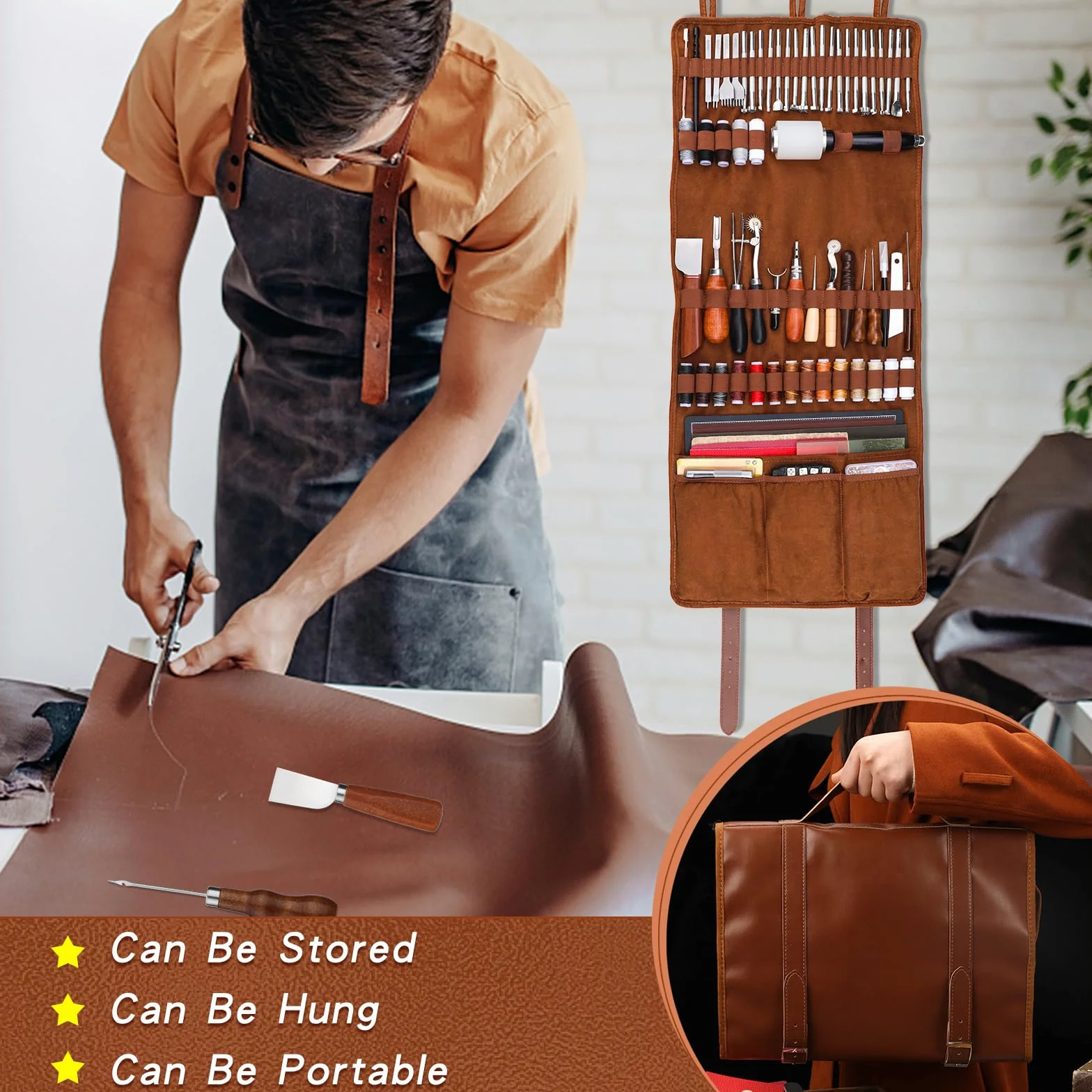 TLKKUE Kit de herramientas de cuero, herramientas de artesanía de cuero, kit de trabajo de cuero con alfombrillas de corte de bolso personalizadas, grabado, perforación, costura, estampado,