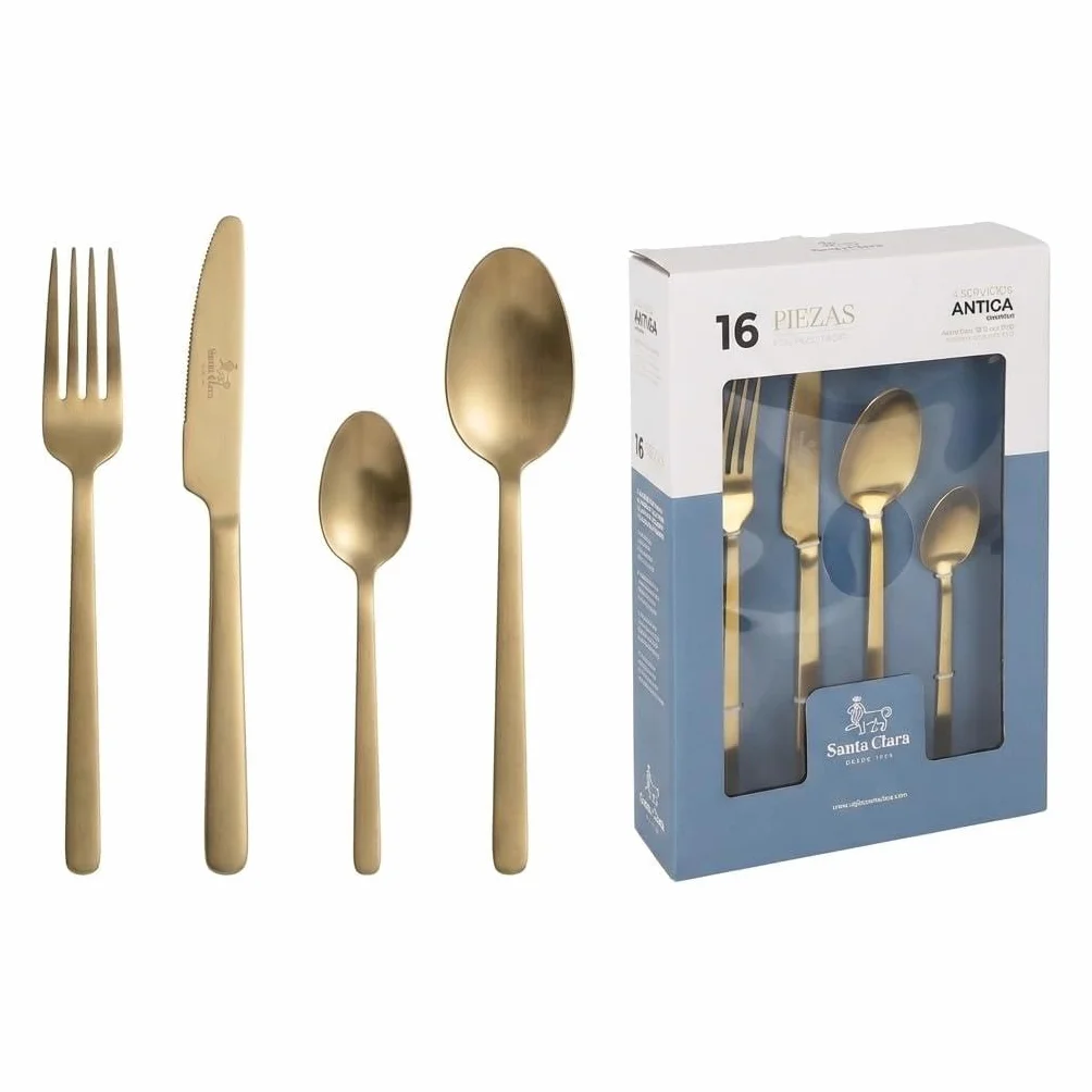 SANTA CLARA | Cubertería completa 16 piezas de acero inoxidable acabado champán PVD, juego de cubiertos con cuchillo, tenedor, cuchara y cucharilla de postre, servicio para 4 personas, modelo Antiga