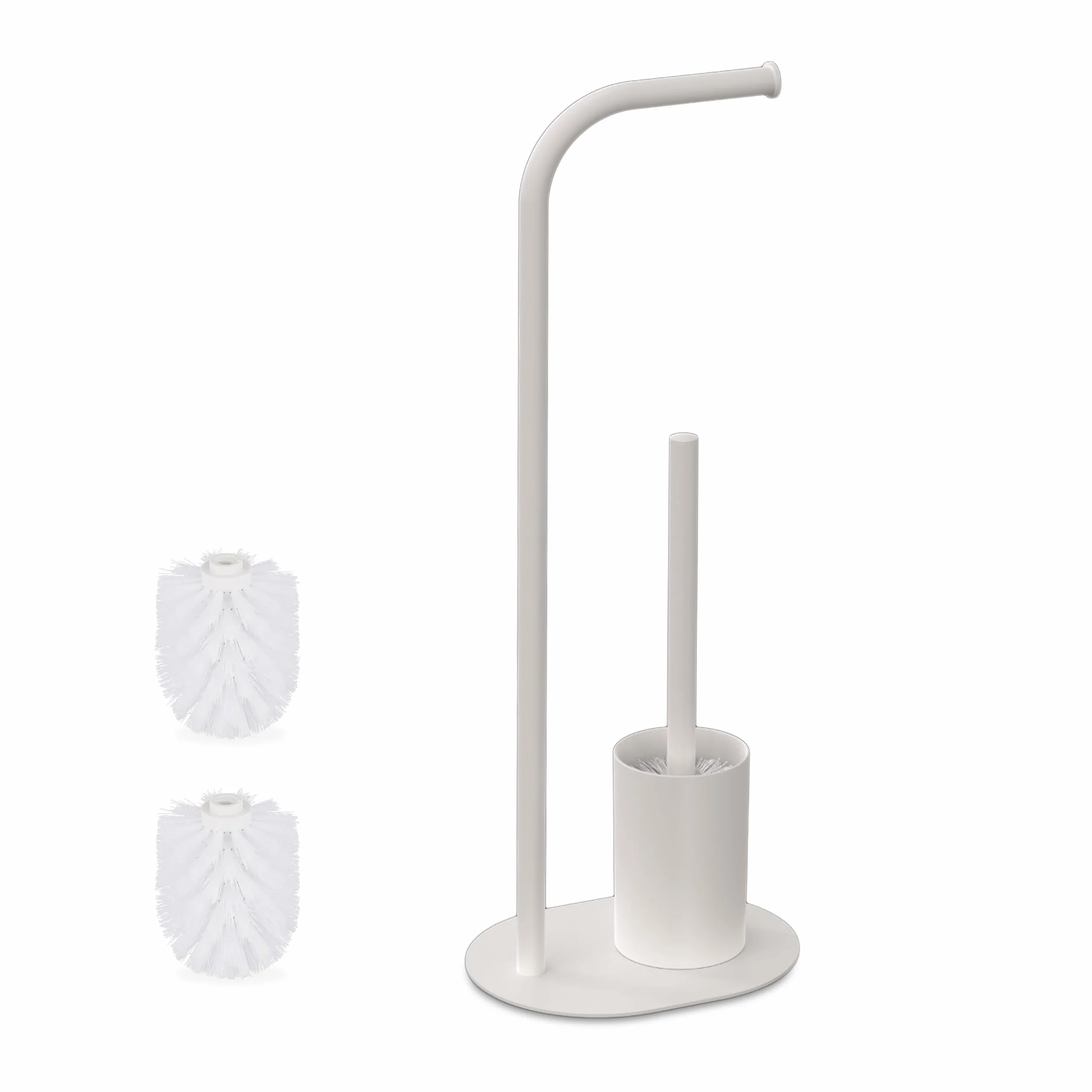 Juego de baño Relaxdays, H x An x F: 64,5 x 23 x 17 cm, Metal, portarrollos de pie con escobilla, Soporte WC, Blanco