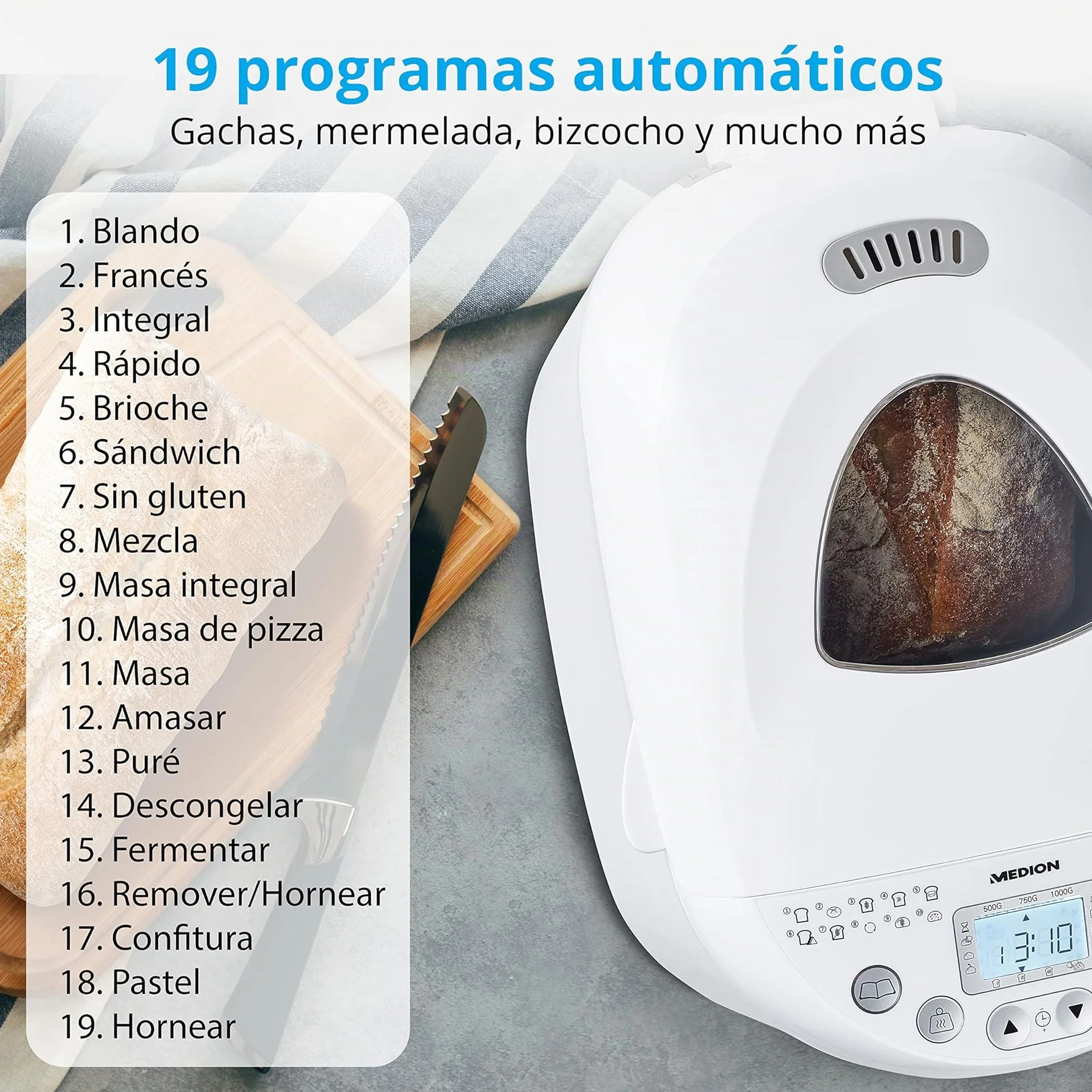 MEDION Amasadora de pan (MD11011) 550W, robot de cocina para preparar pan con capacidad para 1 kg, robot con 19 programas, 3 niveles de tostado y conservación del calor