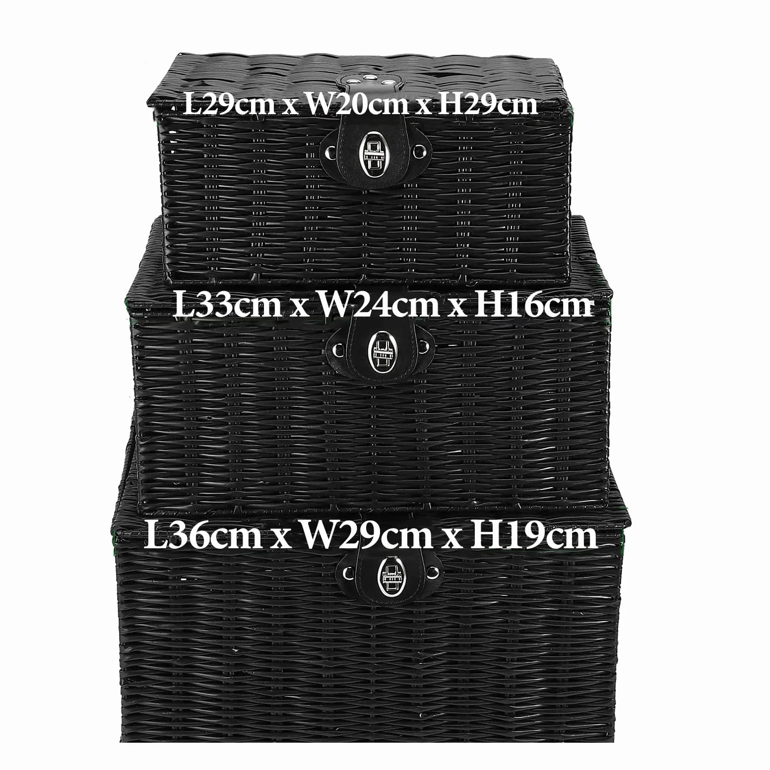 HAKZEON - Cesta Almacenaje, Juego de 3 Negro Cestas Organizadoras de Mimbre con Tapa y Cerradura, Cestas Apilables Tejidas a mano, Cesta para Almacenamiento de Baño, Dormitorio