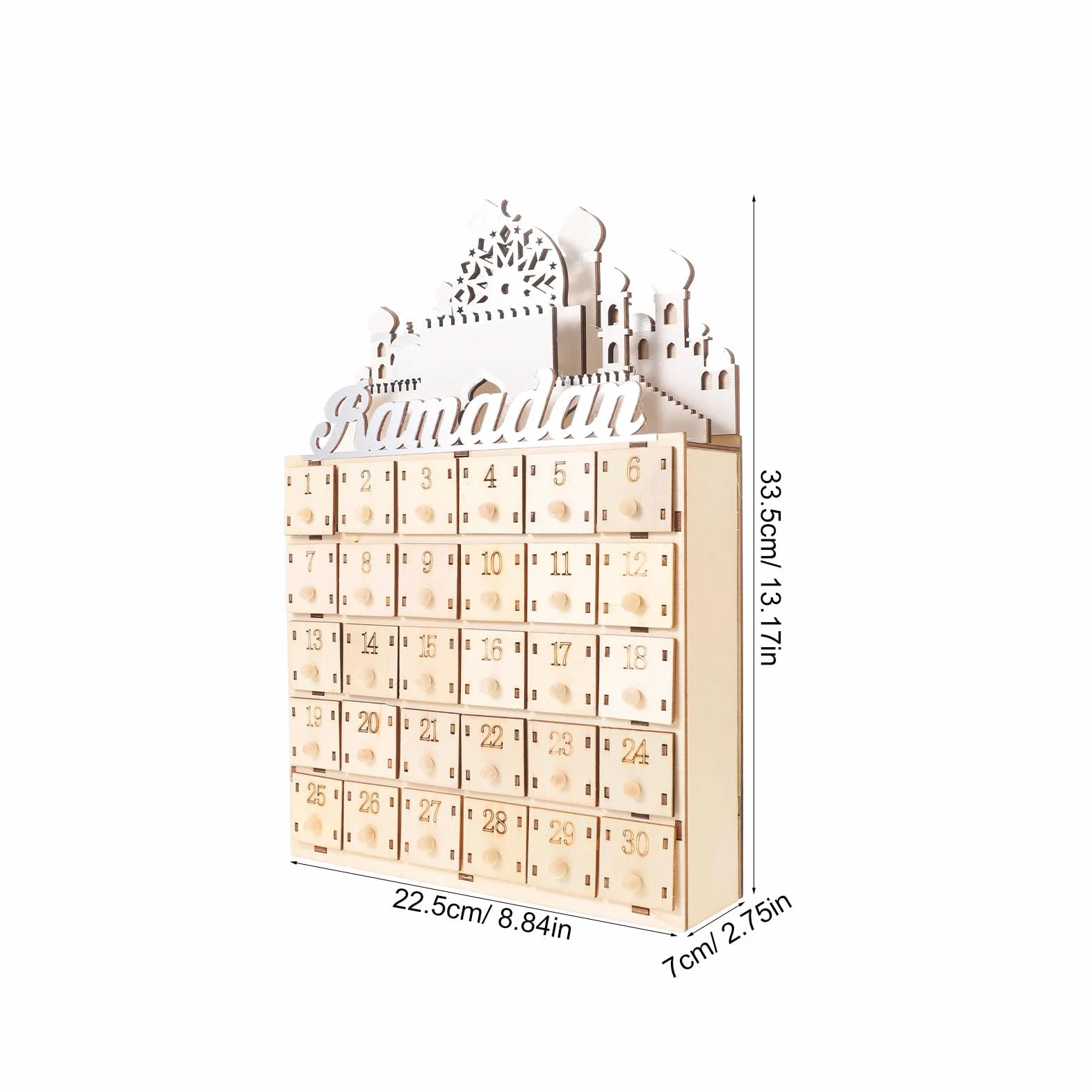STOBAZA Calendario de Cuenta Regresiva para Ramadán con 30 Cajones de Madera y Luz Led, Decoración Beige Hogar y Festival de Eid Mubarak