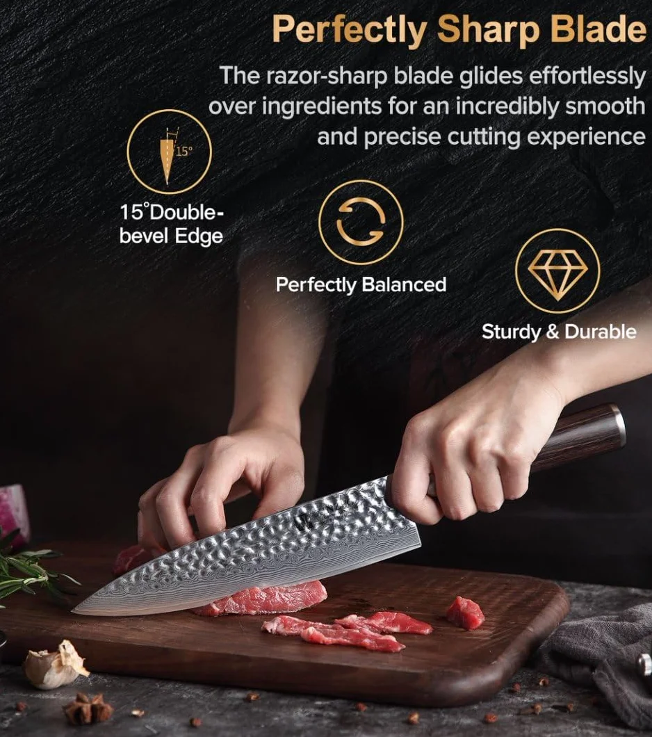 XINZUO Cuchillo de Cocinero 20.1cm de Acero Damasco, Cuchillo Chef Profesional Cuchillos de Cocina Cuchillo para la Carne con Ergonómicamente Mango de Madera de Pakka- He Serie