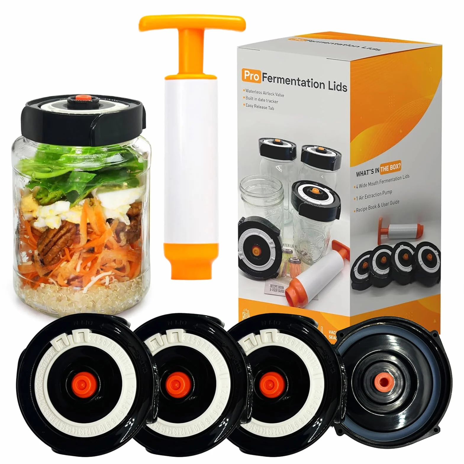 Home Fermentation Kit With 4 Wide Mouth Fermenting Lids With Airlocks, Oxygen Extraction Pump, Ideal For Sauerkraut, Kimchi, Pickles & Fermented Vegetable