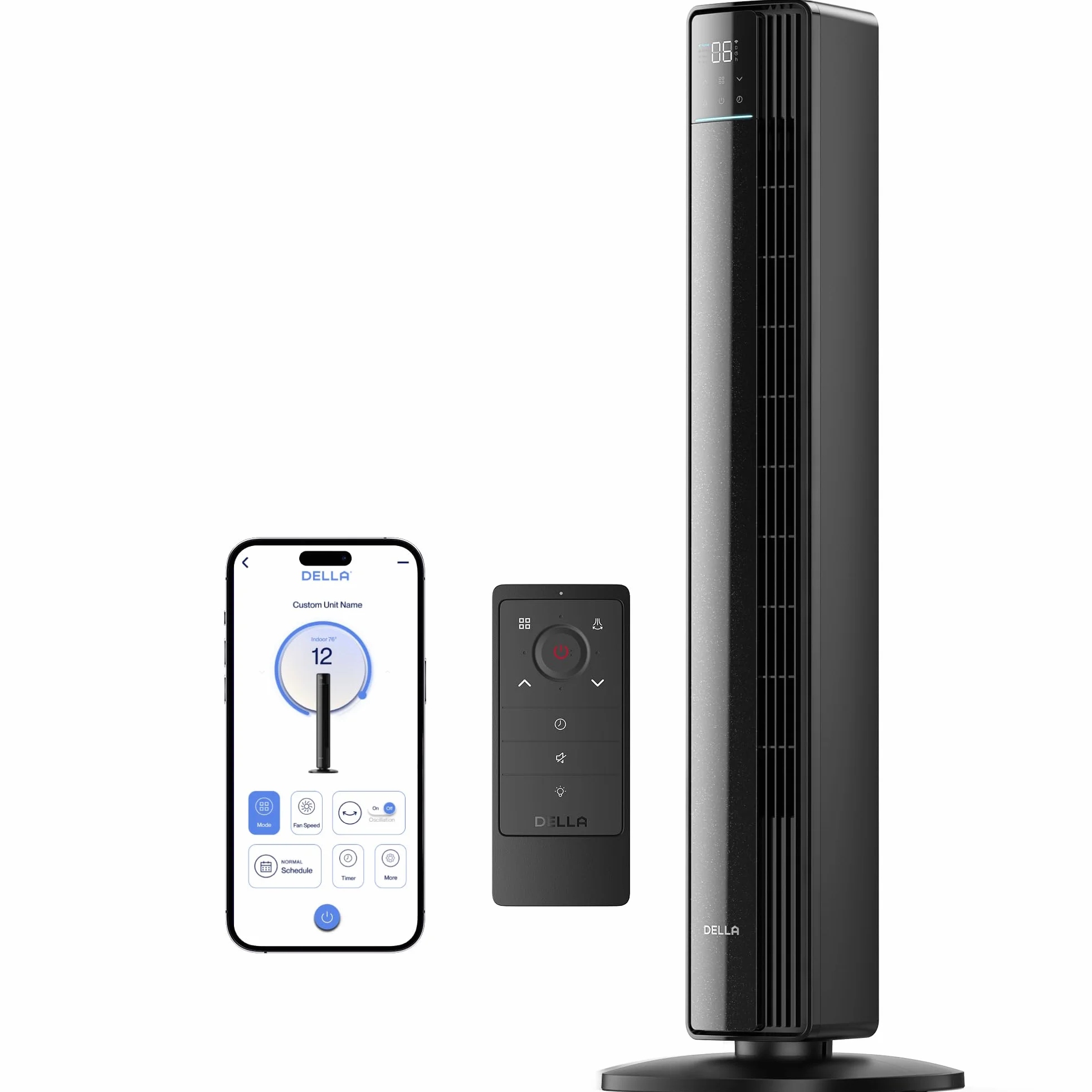 DELLA - Ventilador de torre inteligente para dormitorio, 42 pulgadas, 12 velocidades, 90°, oscilante de pie con velocidad de 8,5 m/s, 23 dB ultra silencioso para dormir, 4 modos, temporizador de 24