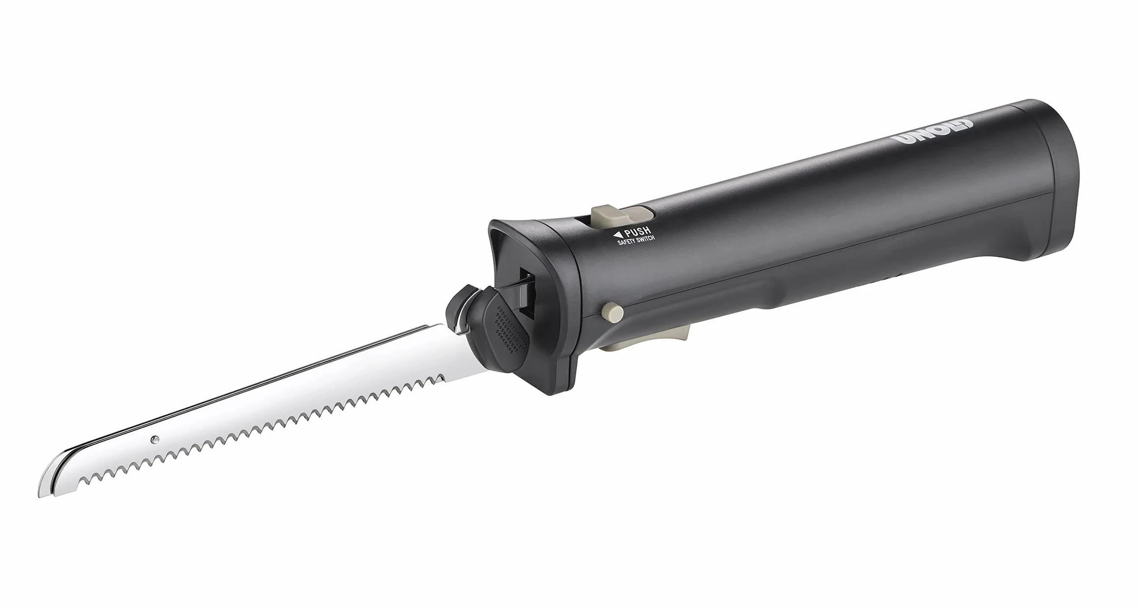 Unold 78815 Cuchillo eléctrico inalámbrico con dos cuchillos intercambiables de acero inoxidable para pan, verduras, carne o pescado, duración de la batería de 45 minutos, inalámbrica, para una