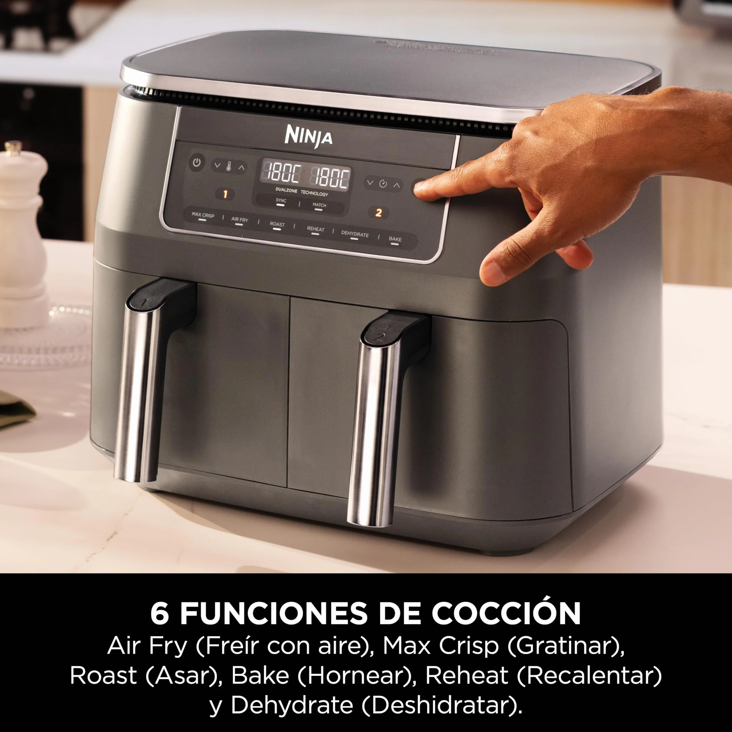 Ninja Freidora de aire con compartimento doble, 2 cajones, 7,6 l, 6 en 1, sin aceite, fríe con aire, gratina, asa, hornea, recalienta, deshidrata, cestas antiadherentes, gris metalizado DZ300EU