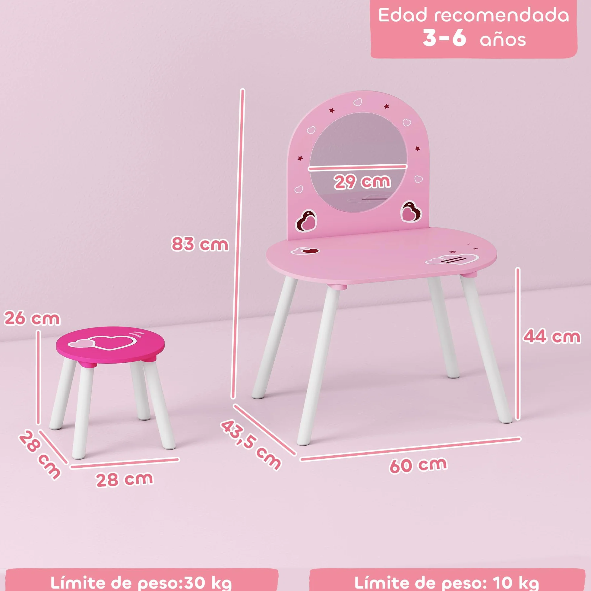 AIYAPLAY Tocador Infantil con Taburete y Espejo, Mesa de Maquillaje para Niñas 3-6 Años, Rosa