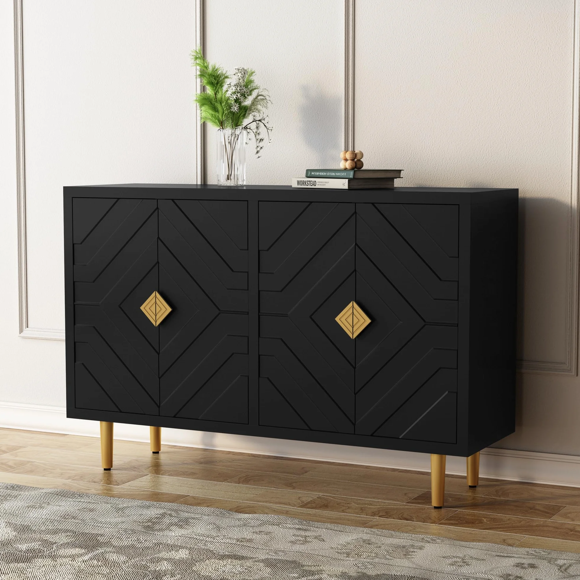 HOLTICO Cómoda de 4 puertas, armario de cocina, armario de almacenamiento, armario para salón, cocina, dormitorio, negro