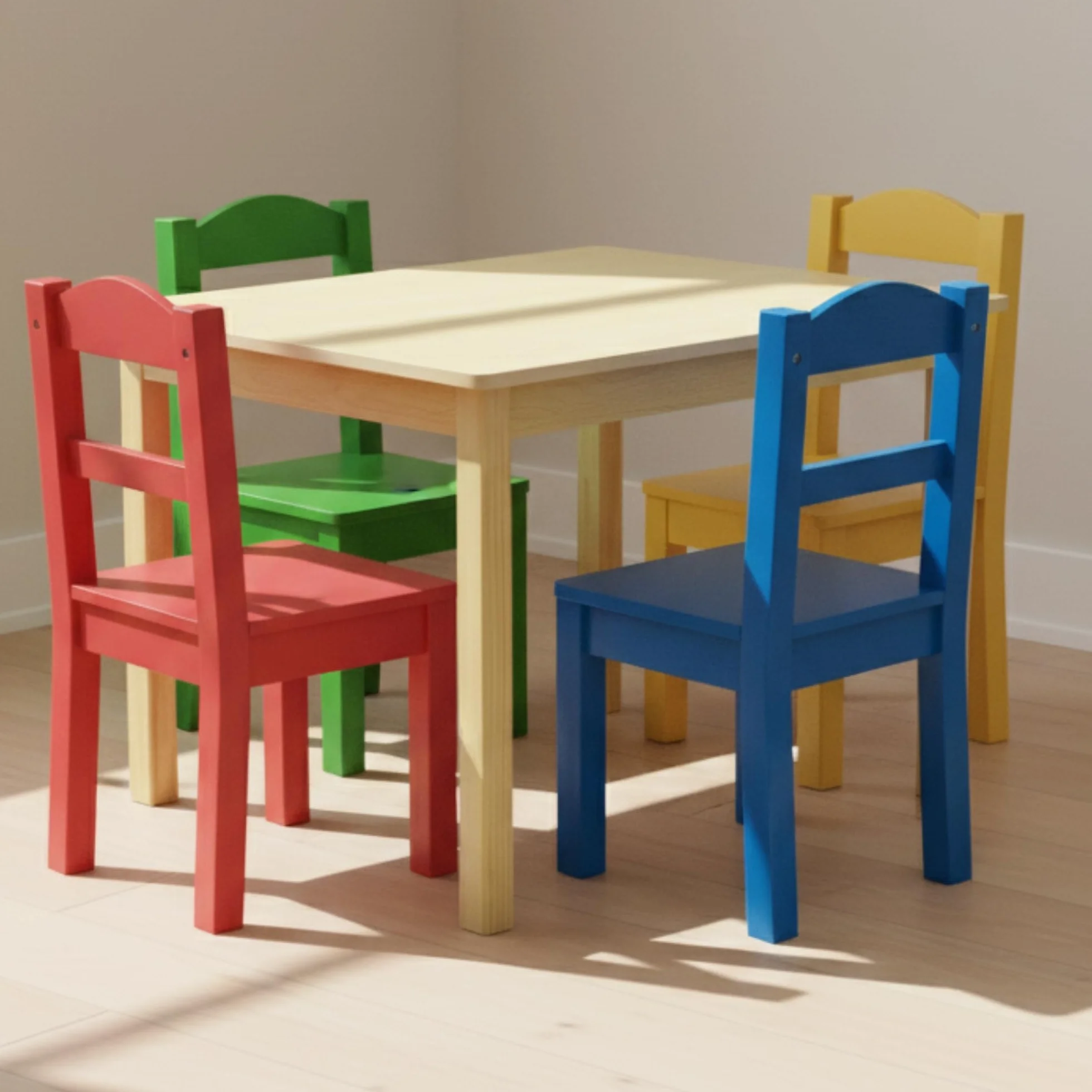 Humble Crew Juego Mesa Cuadrada Madera y 4 sillas: Natural/Colores primarios, diseño Alegre, Seguro para niños, fomenta Juego, Montaje fácil