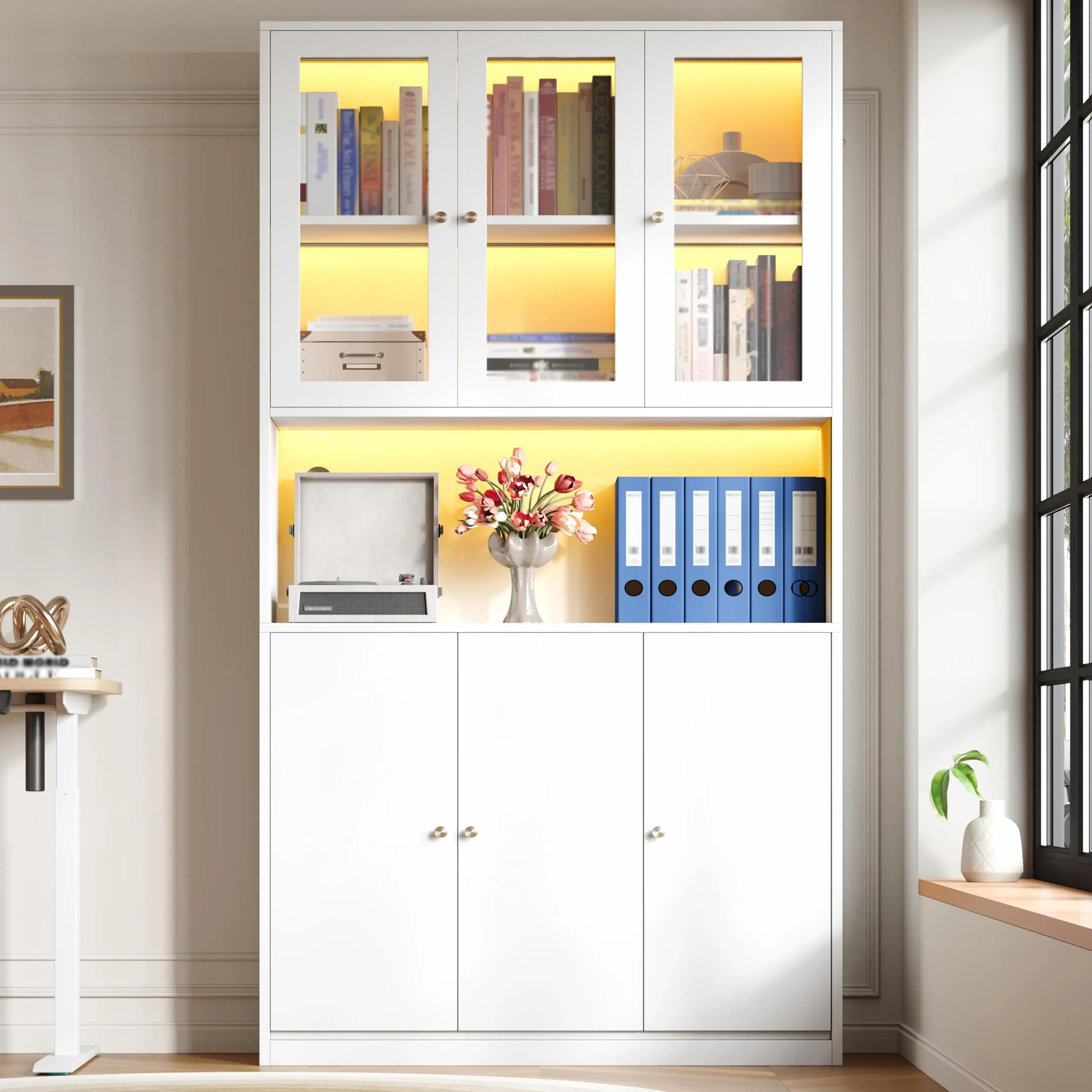 Vitrina LED, Vitrinas de Cristal con Espacio de Almacenaje, Alacena de Cocina con 6 Puertas, Mueble Auxiliar con Gestión de Cables, Vitrina Expositora Armario Alto, 100x35x200 cm, Blanco