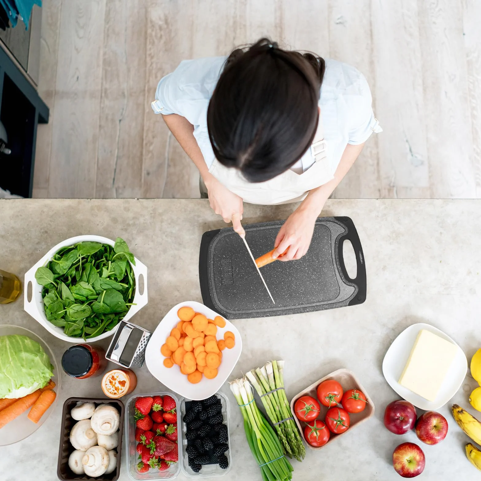 Set 3 Tablas de Cortar de Plástico 40x24/31x20/25x15 cm, Sin BPA, Ranura para Jugo, Antibacteriana para Verduras, Frutas, Carnes