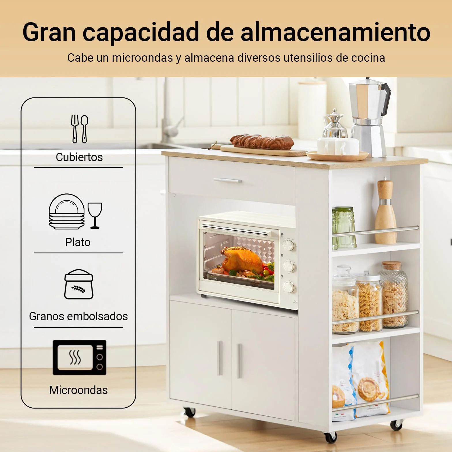 SoBuy Carrito Auxiliar con Ruedas Mueble Auxiliar de Cocina Carro Cocina con Estantes Laterales Cajón Puertas y Toallero Mesa Auxiliar Cocina Blanco 82x46x88 cm FKW113-WN
