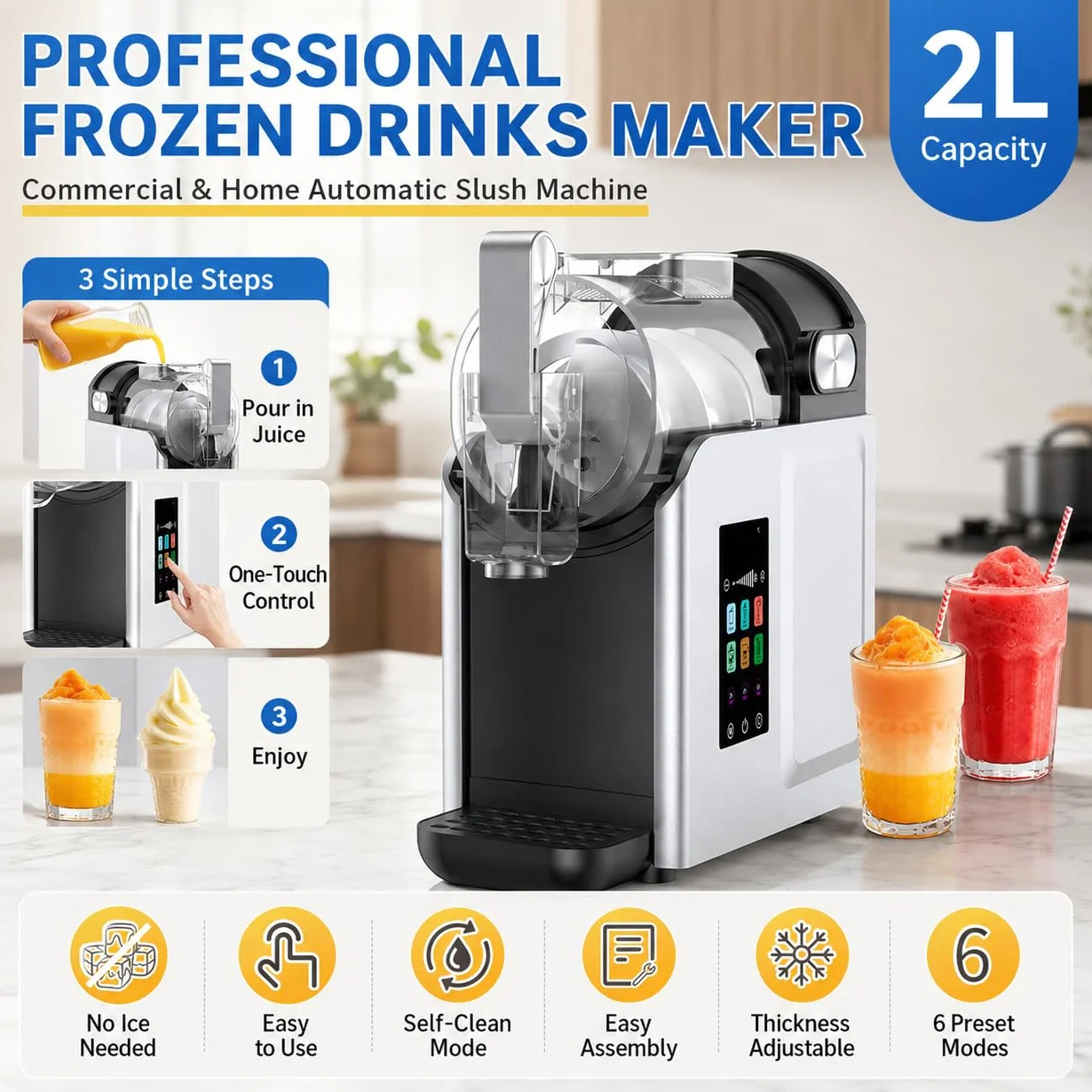 Creami Style Máquina De Granizados, 2L Bebidas Frías Para Hogar Y Café | 6 modos de bebidas, control táctil intuitivo, mantenimiento rápido, resultados café