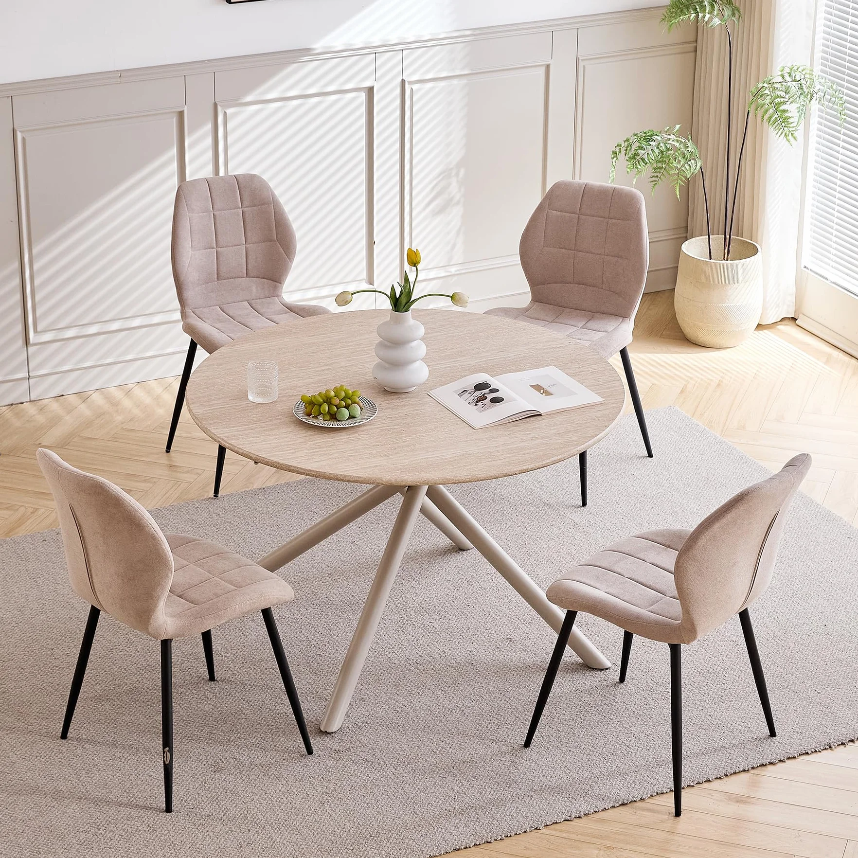 GrandCA HOME Juego de Comedor de Estilo nórdico Mesa Redonda de 115 cm con 4 sillas de Comedor tapizadas en Lino Ideal para Cocina, Comedor y Sala de Estar (Amarillo Claro + Beige)
