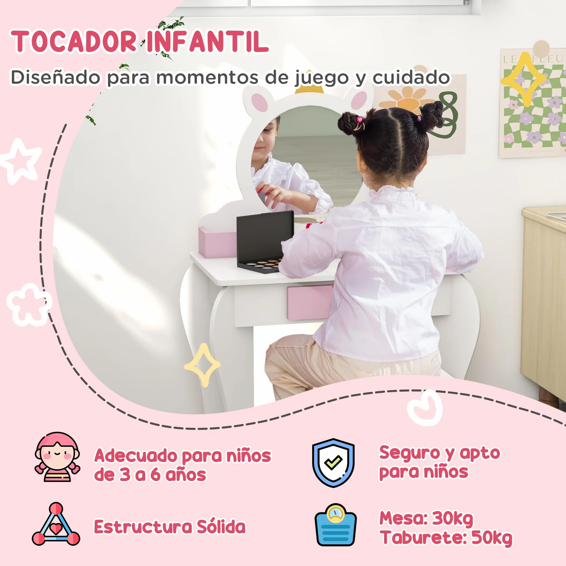 Tocador Infantil con Taburete y Espejo, Diseño Unicornio, Mesa de Maquillaje para Niñas 3-6 Años, Blanco