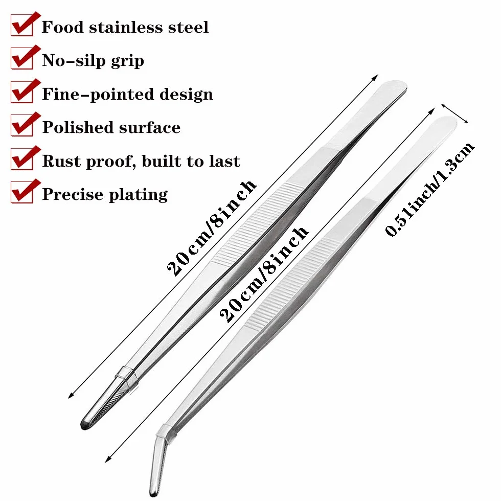 Pinzas de cocina de acero inoxidable de 8 pulgadas de largo, pinzas grandes resistentes para alimentos con puntas dentadas de precisión para cocinar (8 pulgadas rectas + curvas)