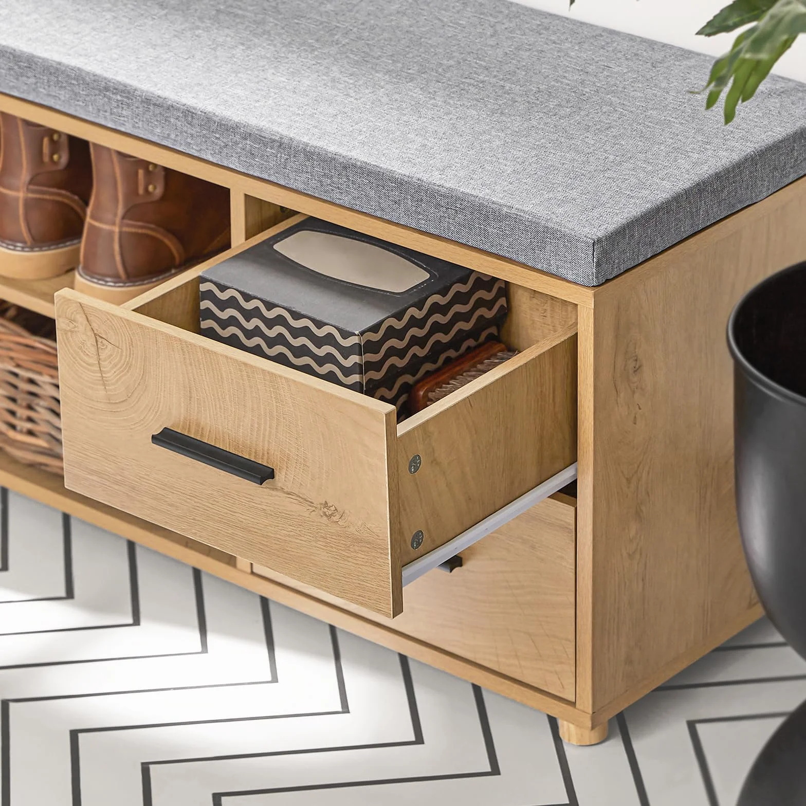 SoBuy Banco Zapatero Banco de Almacenamiento con 1 Puerta 2 Cajones y 2 Estantes Abiertos 110 x 35 x 47 cm FSR148-N ES