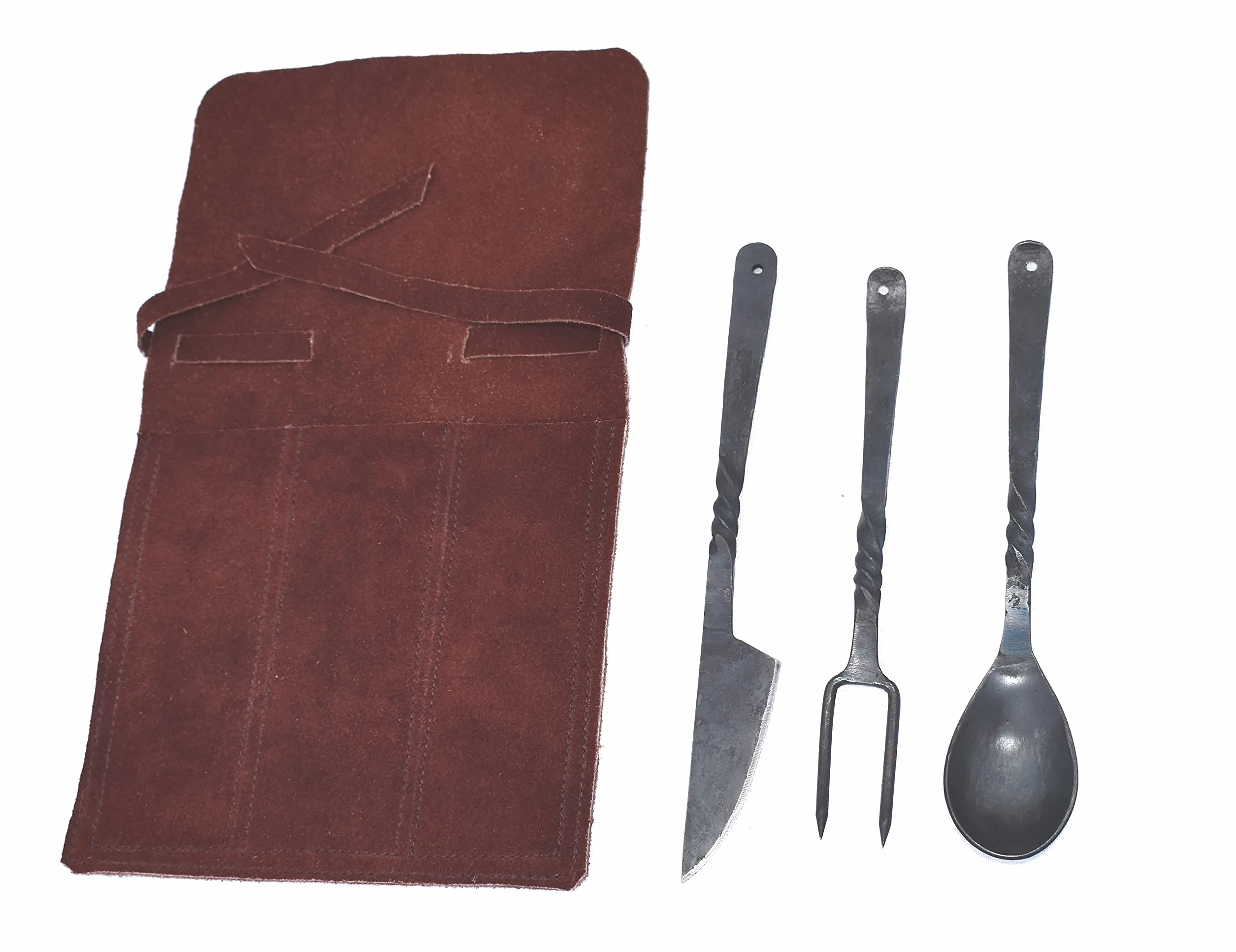 Viking Traders Juego de 3 utensilios medievales forjados a mano para comer, banquete, tenedor, cuchillo y cuchara, con bolsa de piel auténtica para un fácil transporte.