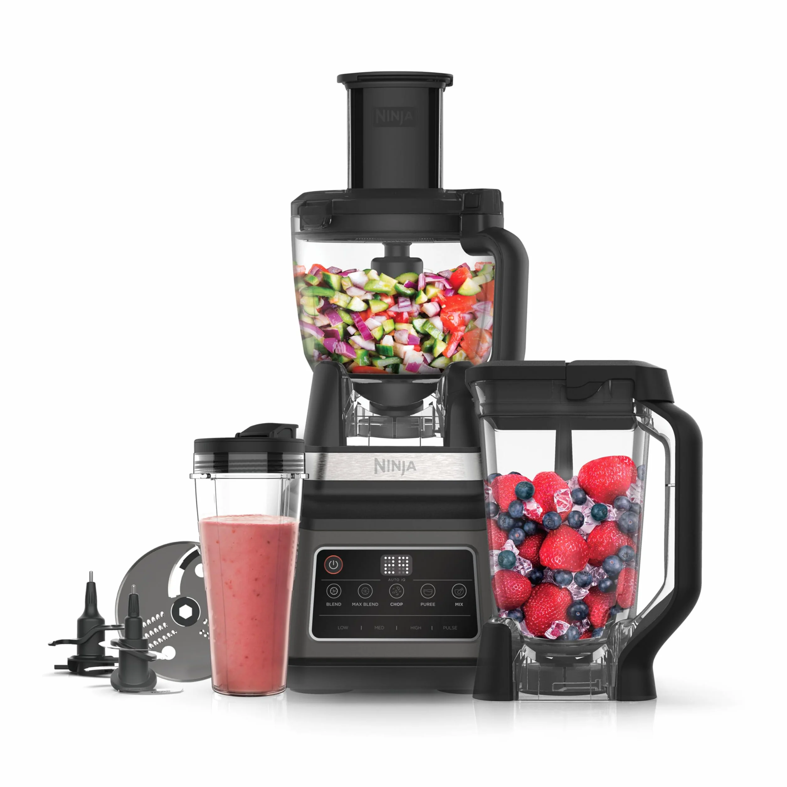 Ninja Procesador de alimentos 3 en 1, 1200 W, batidora multifunción, 5 programas automáticos, bol 1,8 l, jarra 2,1 l, vaso 700 ml, tecnología Auto-iQ, piezas aptas para lavavajillas, Negro, BN800EU