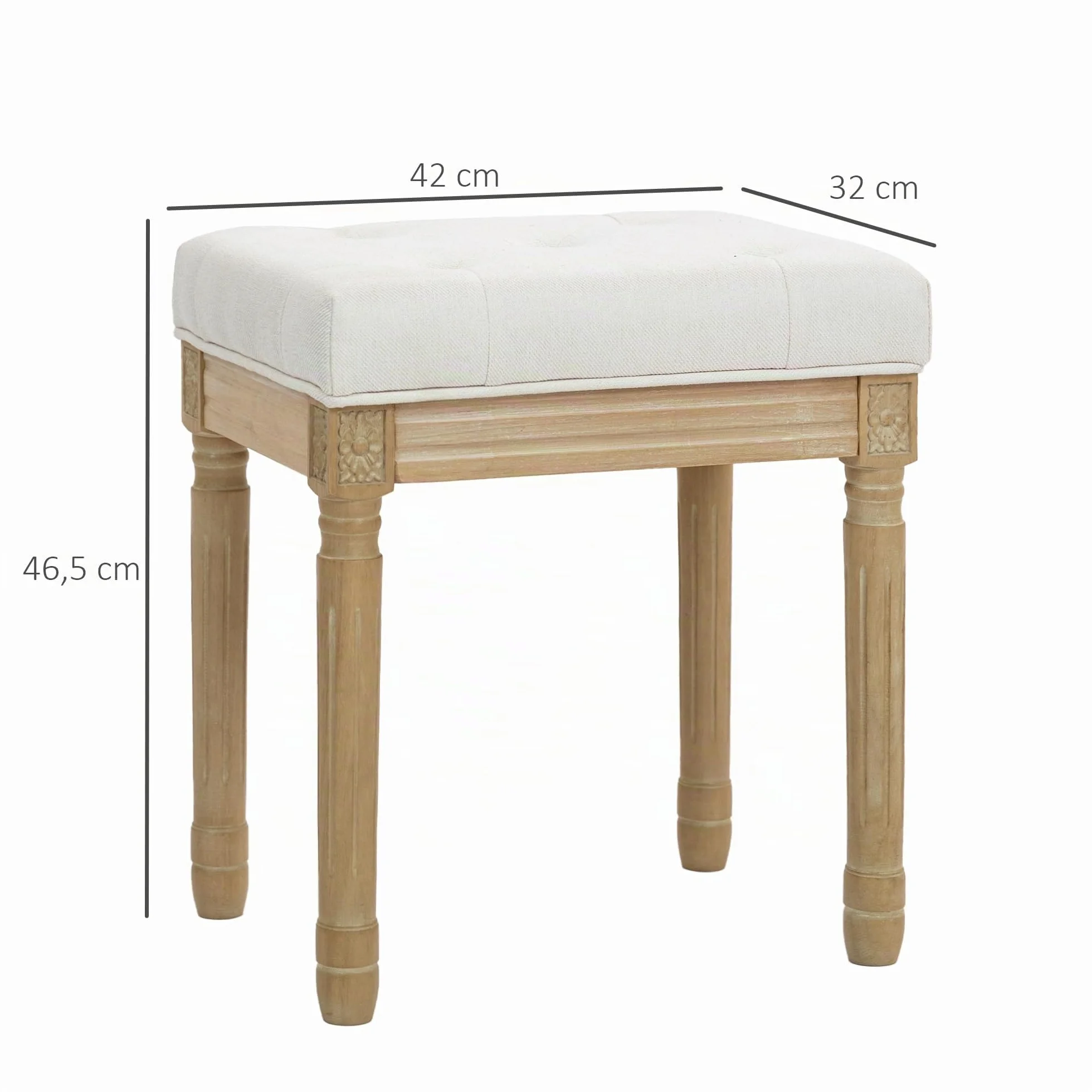 HOMCOM Reposapiés Salón Rústico Tapizado para Dormitorio Sofá Beige | Taburete Bajo, Lino Sintético, Patas Talladas de Madera, Otomana