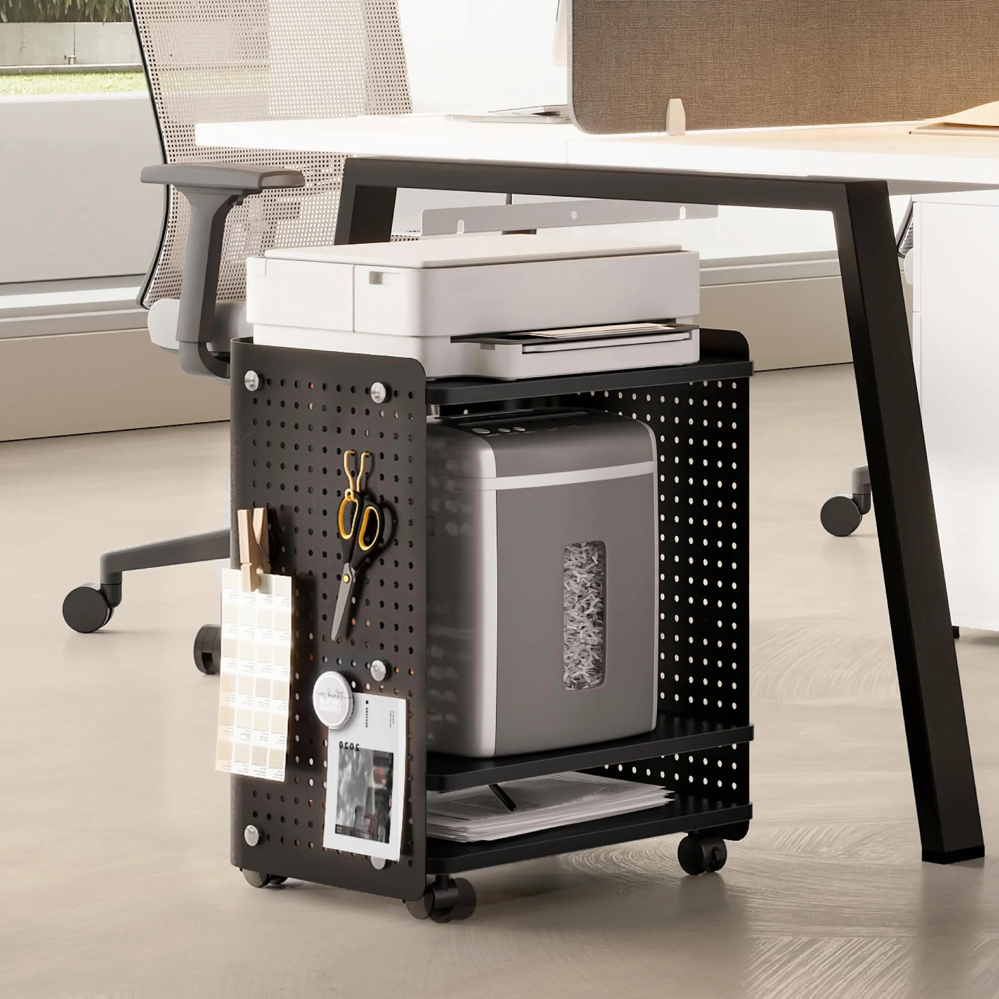 Fenge Soporte para Impresora de 3 Niveles con Tablero Perforado, Organizador de Oficina con Estante Ajustable, Carrito de Impresora para Oficina en Casa, 45,3x33,5x53,5cm (Negro)