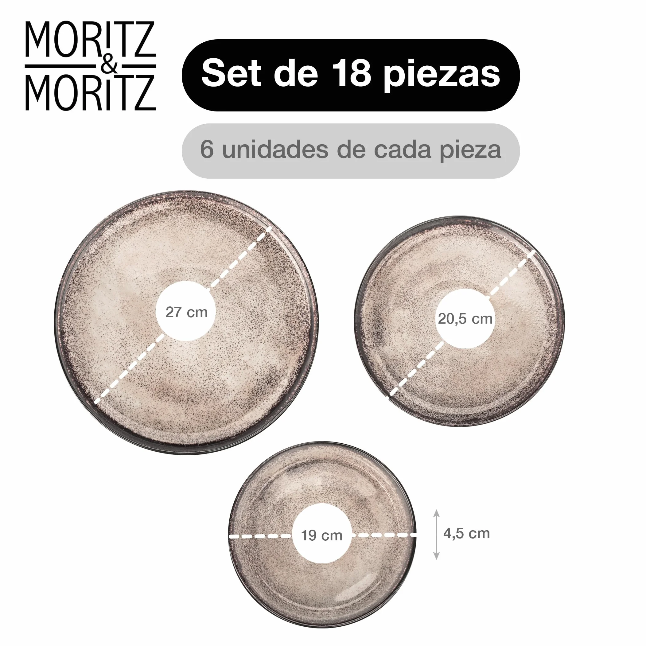 Moritz & Moritz VIDA Juego de 18 piezas de platos de mesa Juego de vajilla combinada en beige para 6 personas - de porcelana apta para el lavavajillas y el microondas
