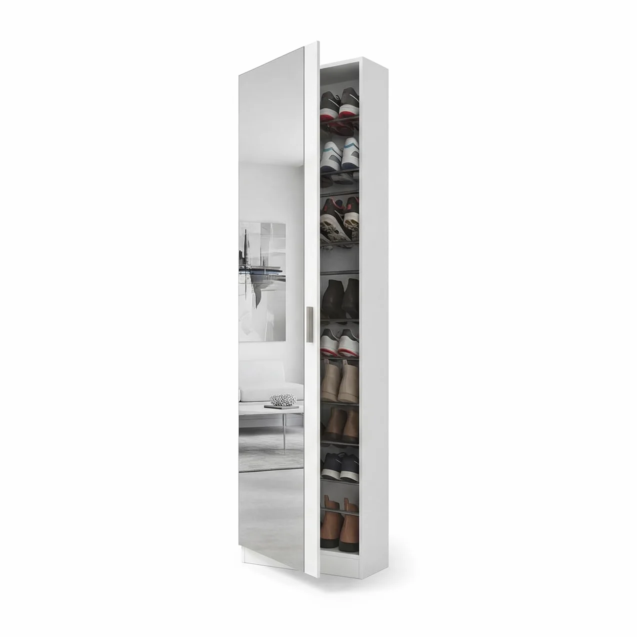 duehome | Armario Zapatero, Zapatero con Espejo, Modelo Roma, Acabado en Color Blanco Brillo, Medidas: 50 cm (Ancho) x 180 cm (Alto) x 20 cm (Fondo)