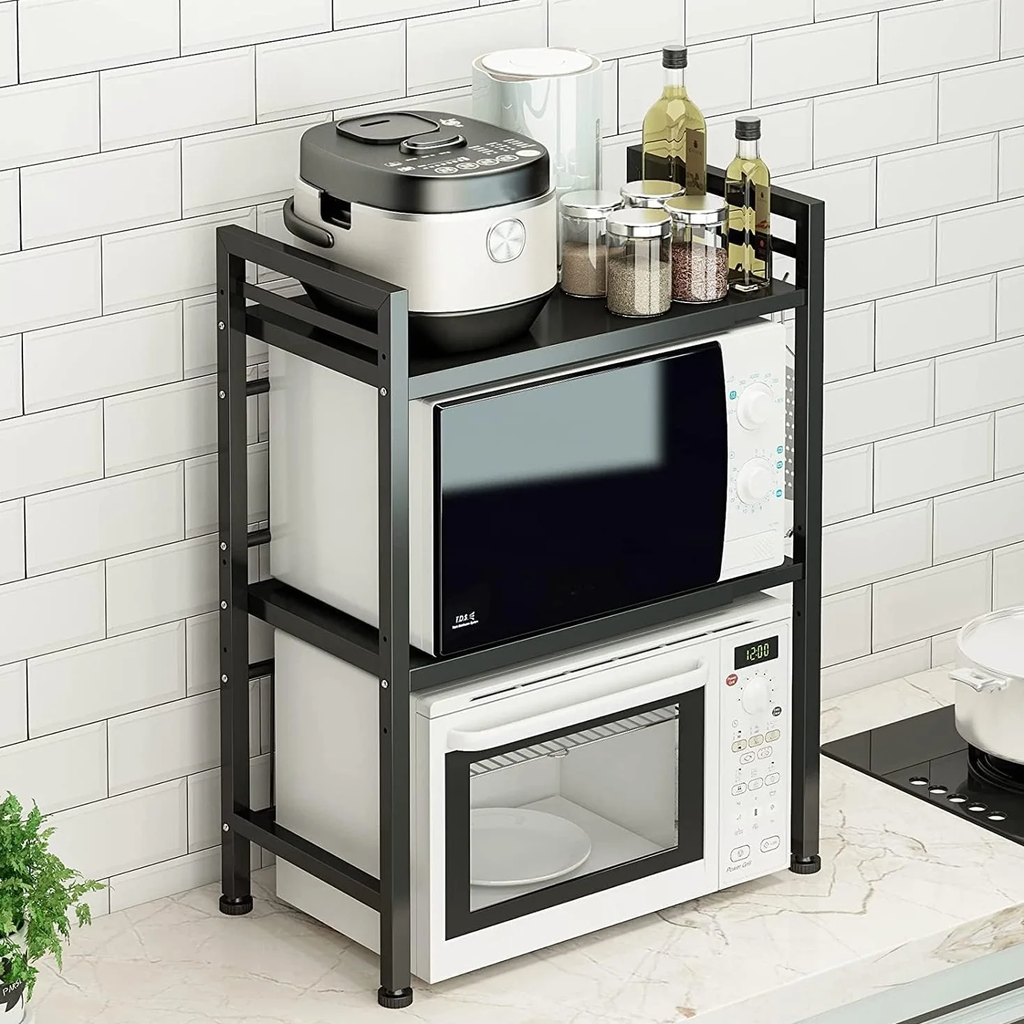 Soporte Extensible para Horno de Microondas, Estante para Horno de Microondas Ajustable, Rejilla para encimera de Cocina Organizador Estanteria Mueble con 6 Ganchos (3 Niveles, Negro)