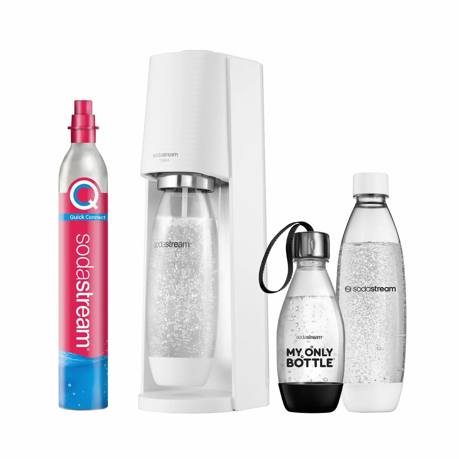 SodaStream Terra 1012813490 - Pulverizador de agua con cilindro de CO2, 2 botellas de plástico de 1 l aptas para lavavajillas y 1 botella de plástico apta para lavavajillas de 0,5 l, altura de 44 cm,