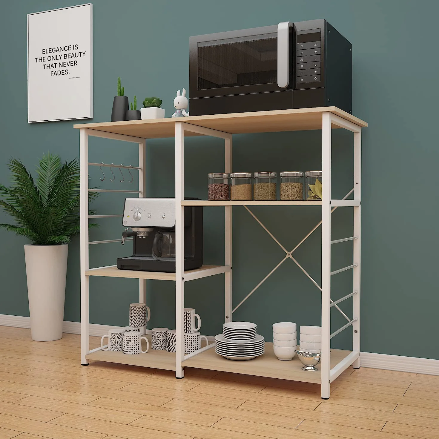 DlandHome Soporte para Carrito de microondas, Almacenamiento Cocina de 3 Niveles + 3 Niveles para Estante de panadería y Especias, Estante Organizador de estación, básico y de Arce