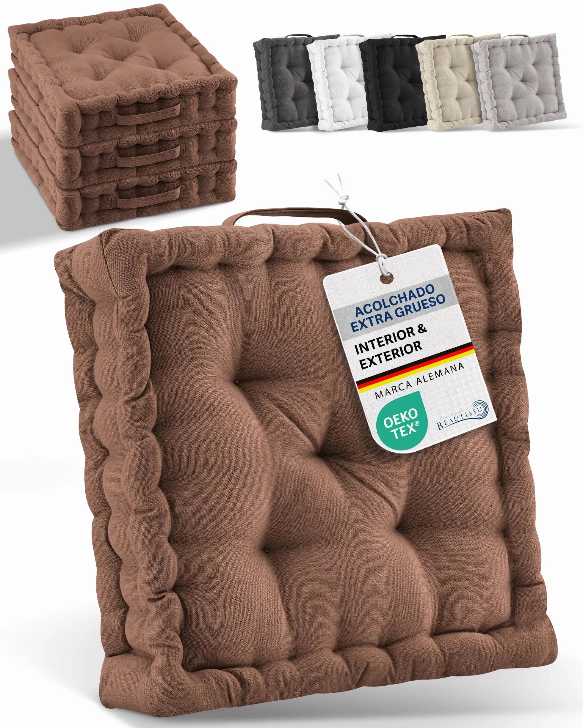 Beautissu Lote de 2 Cojines de Suelo Asiento 100% algodón con asa Grueso | 50x50cm Marrón colchón Grueso 10cm Cojín de Silla Interior y Exterior Transporte Mila