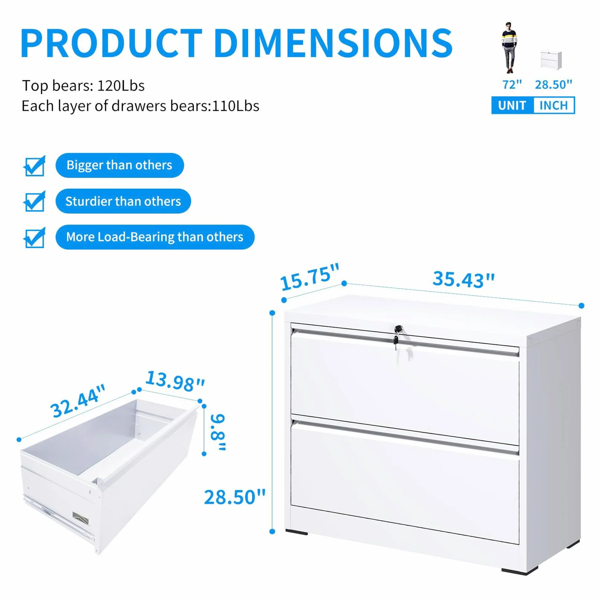 Archivador lateral de 2 cajones con cerradura, archivador lateral de metal para oficina en casa, archivadores horizontales anchos de acero para archivadores colgantes de carta/legal/A4/F4 (blanco)