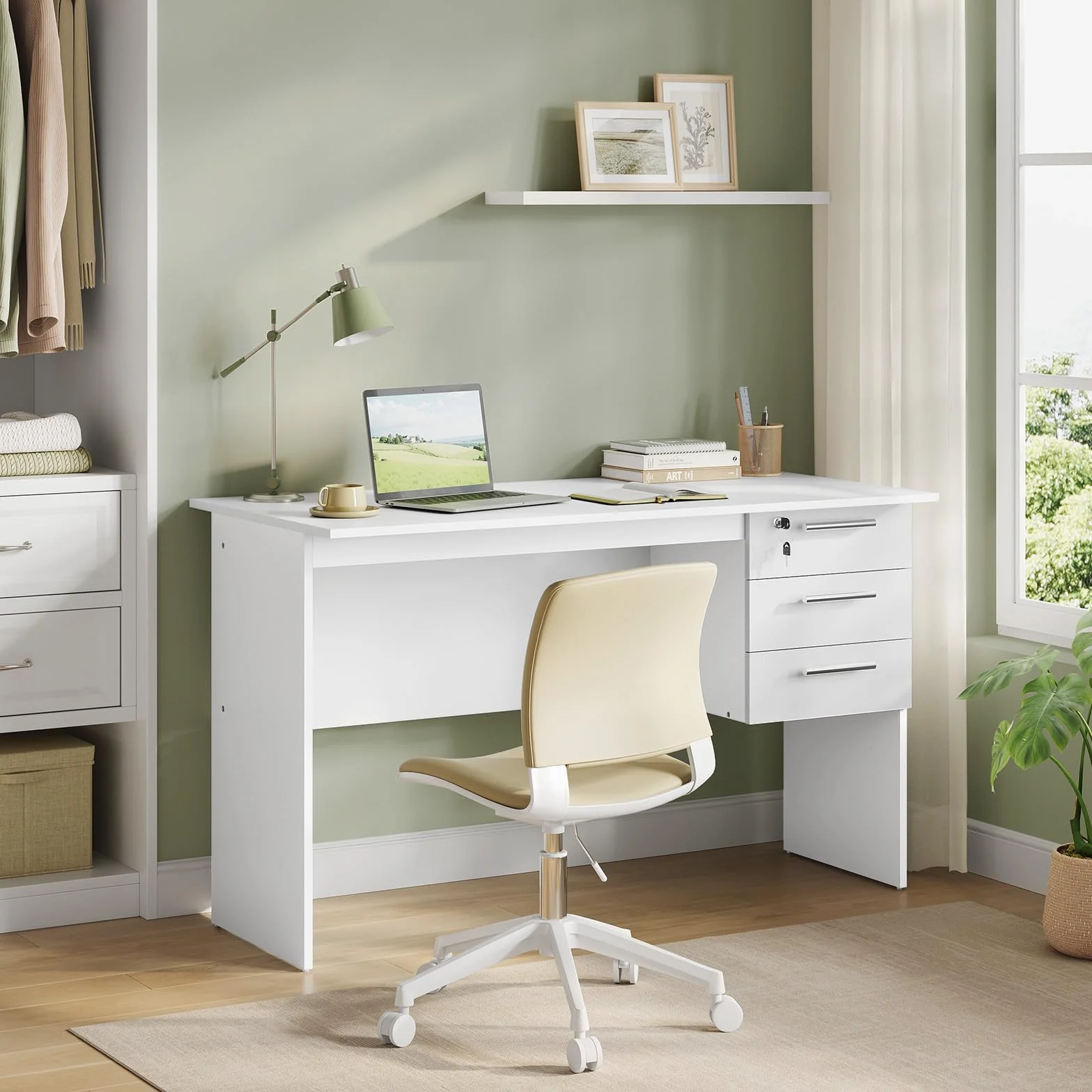 WOLTU Mesa de Ordenador, Escritorio de Trabajo con 3 Cajones, 120x60x75 cm, Mesa Escritorio para Oficina Dormitorio Despacho y Estudio, Blanco