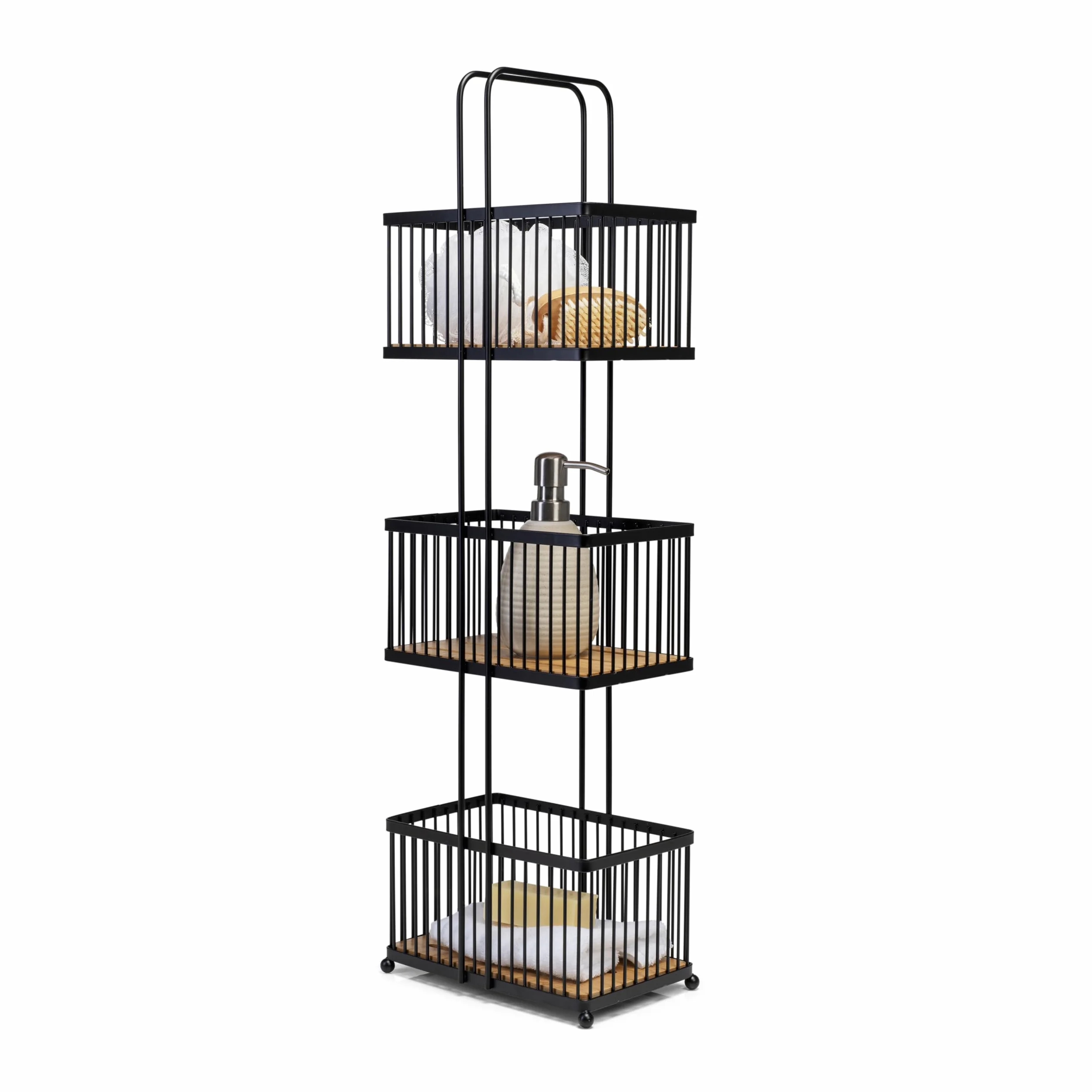 Croydex Organizador de almacenamiento de tres niveles, color negro y bambú, estantes de almacenamiento de baño independientes, cestas profundas, 22 pulgadas de profundidad x 15 pulgadas de ancho x 726 | Cesta de baño independiente | Cestas de alambre prof
