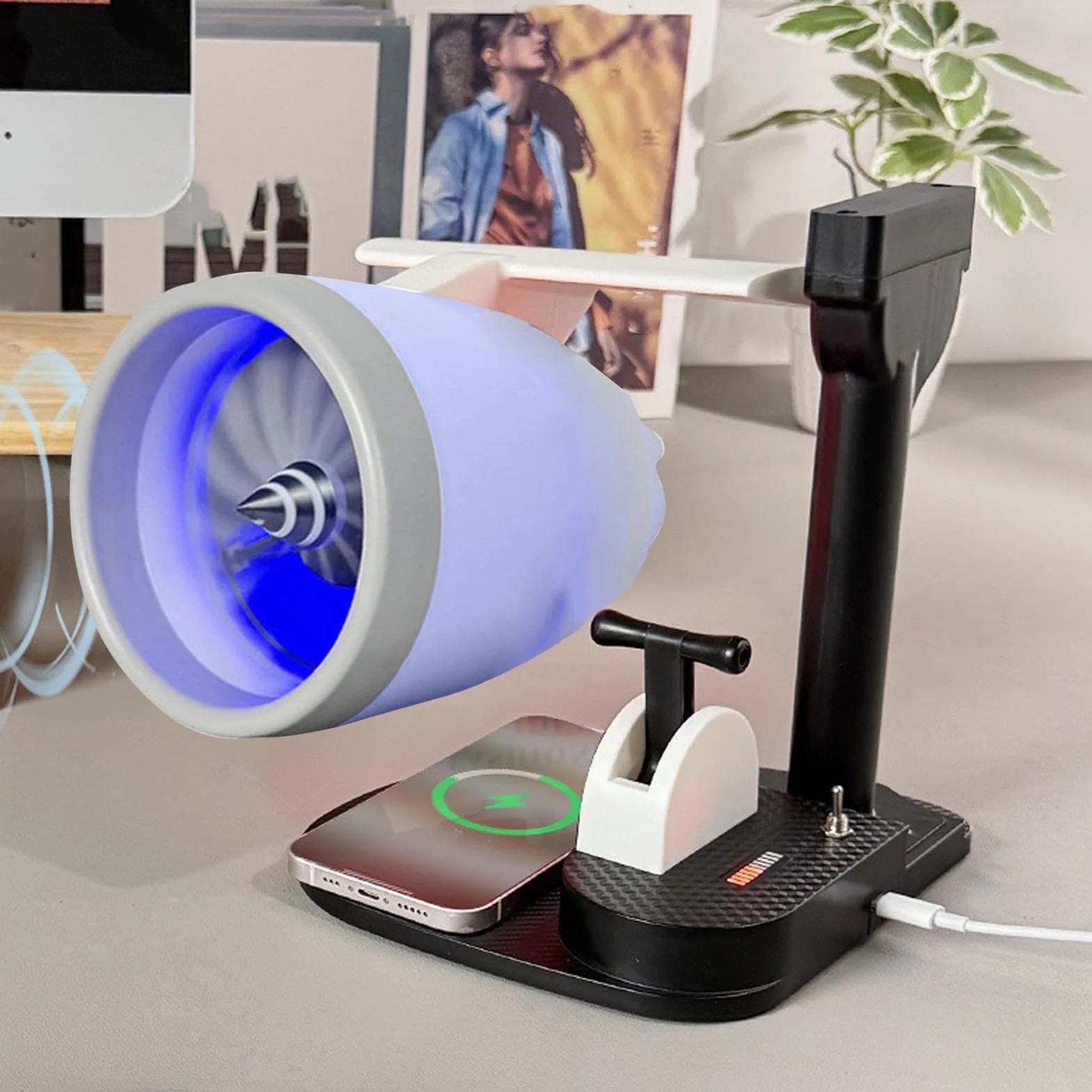 GOWENIC Ventilador de Escritorio Definitivo con Humidificador 3 en 1, Ventilador con Forma de Motor de Velocidad Ajustable de 4000 Rpm para Escritorio de Oficina, Ideal para Uso en el Hogar y la