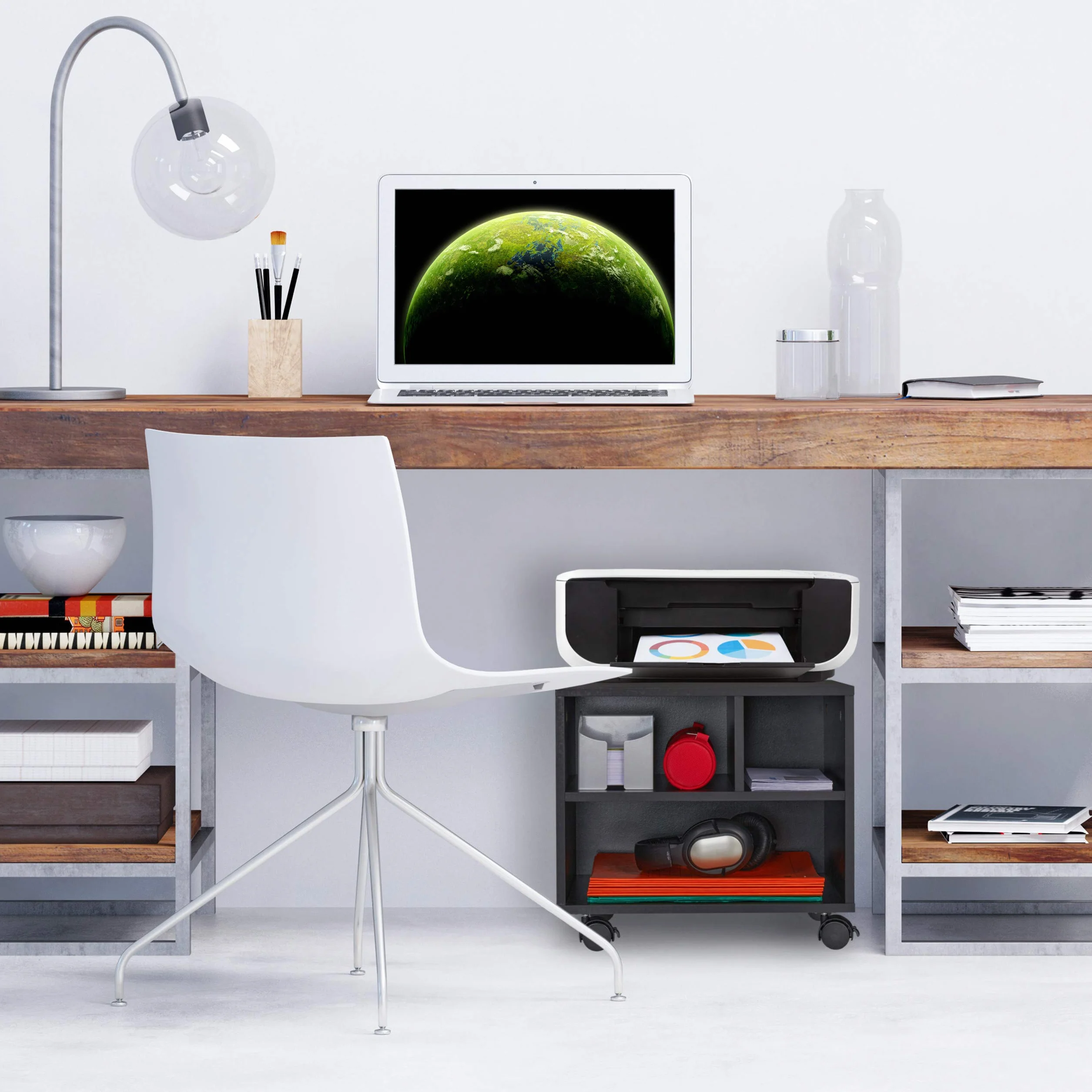 Relaxdays Mueble Auxiliar Impresora, 3 Compartimentos Abiertos, Oficina y Teletrabajo, Ruedas, 35,5 x 40 x 30 cm, Negro