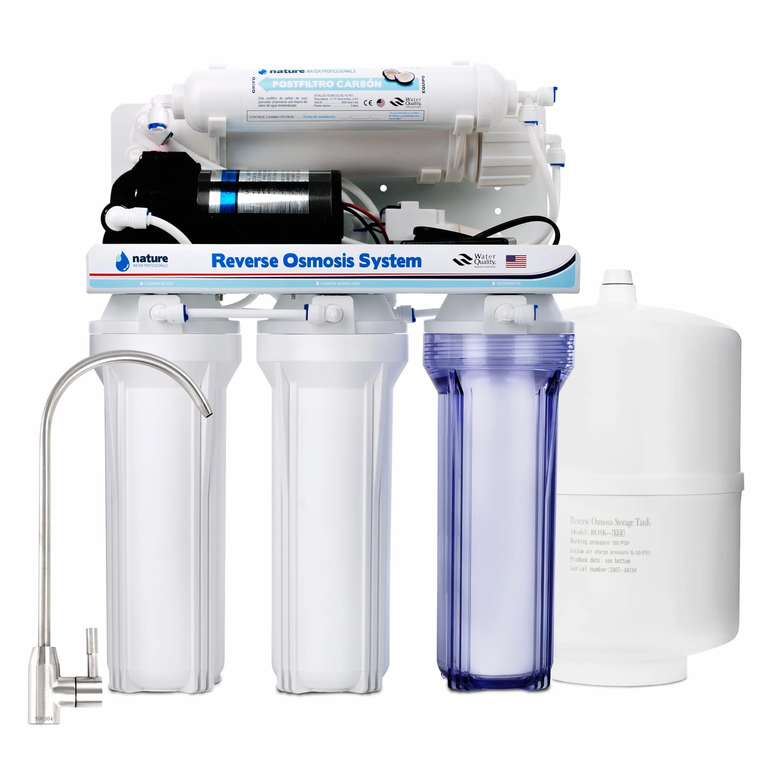 Equipo de Osmosis Inversa - Kit para Osmosis de 5 Etapas - Capacidad para 6 L - Incluye Membrana de 75GPD, Deposito de Agua, Bomba y Filtros - Nature Water Professionals