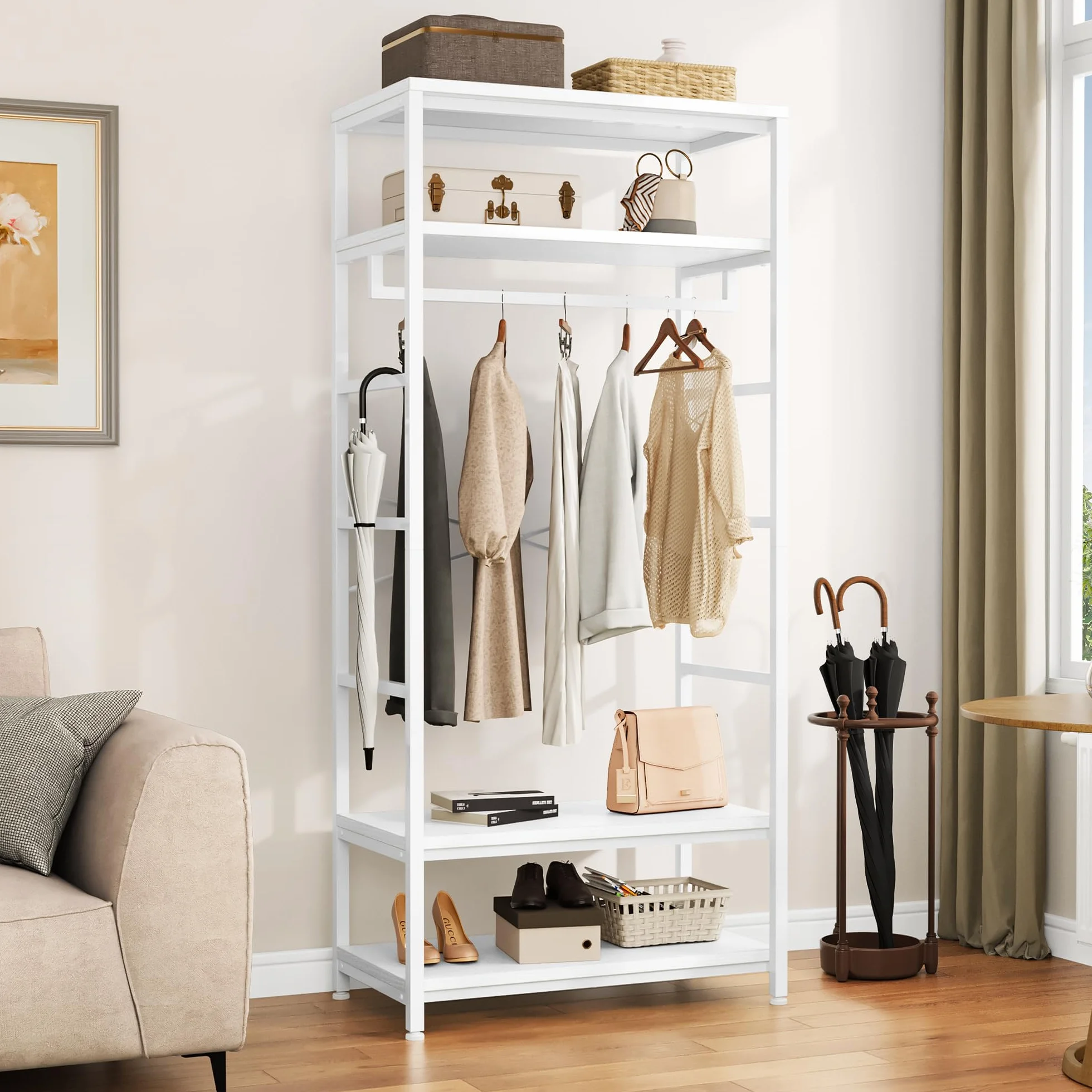 YITAHOME Perchero de Pie con Zapatero, Árbol de Pasillo con 4 Estantes, Barra Industrial para Ropa, Estantería para Guardar Ropa para entrada pasillo sala de estar, Blanco