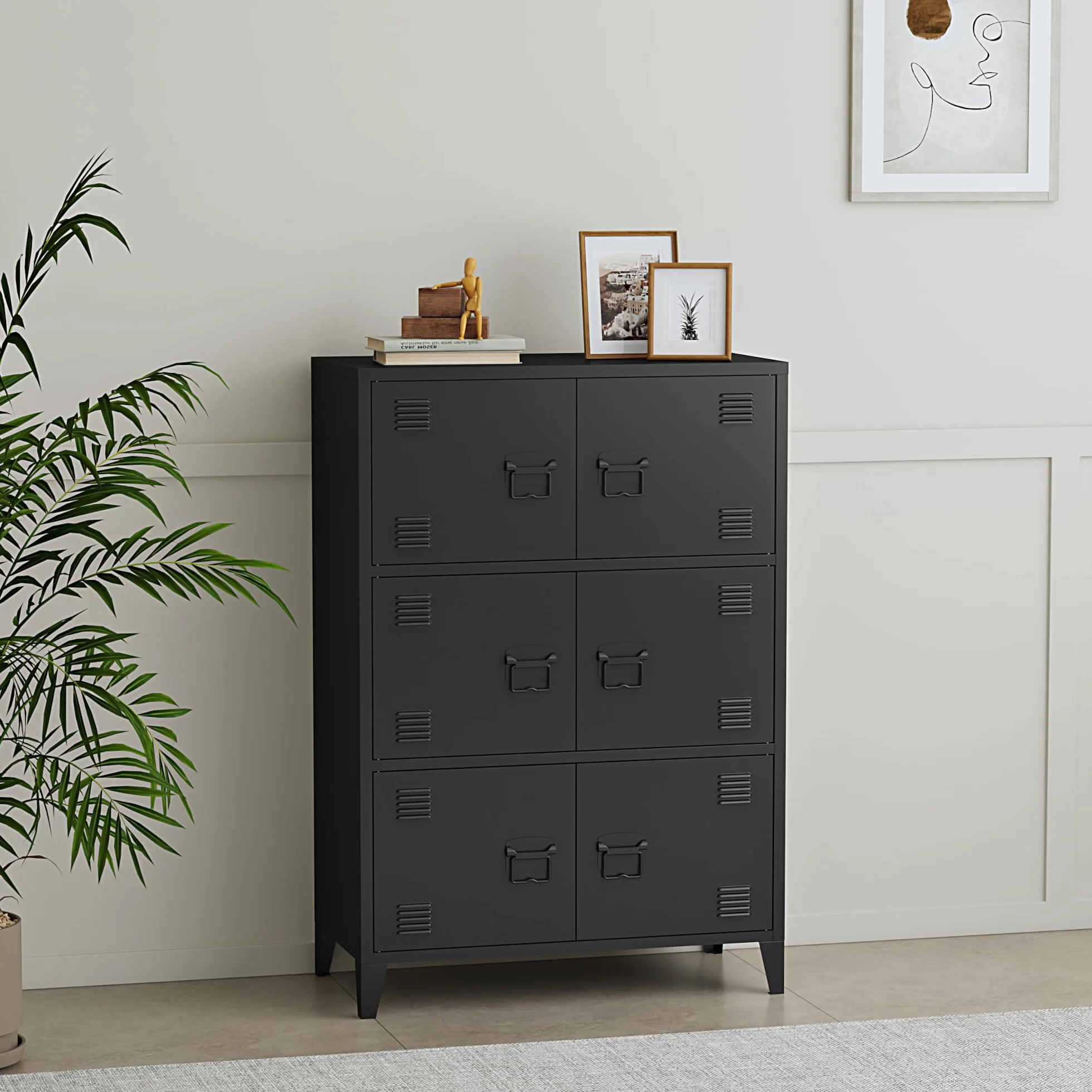 [en.casa] Armario de Oficina Mueble de Oficina Archivador de Estudio con 2 Estantes con 6 Puertas Ranuras de Ventilación Acero 113 x 80 x 40 cm - Negro