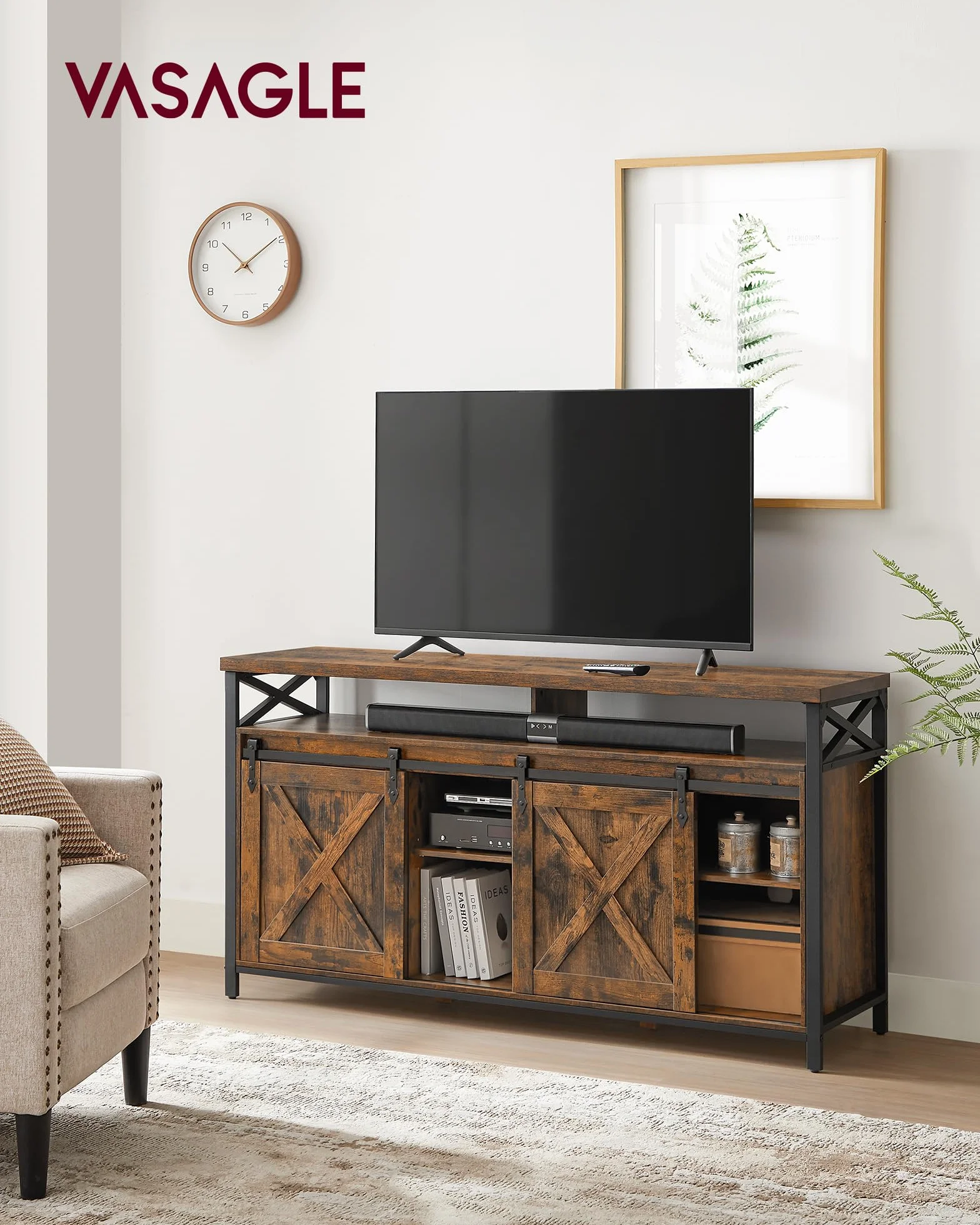 VASAGLE Mueble para TV, Soporte para TV de 65 Pulgadas, con Estantes Ajustables, Puertas de Granero, Diseño de Granja, Marco de Metal, Marrón Rústico y Negro LTV071B01V1