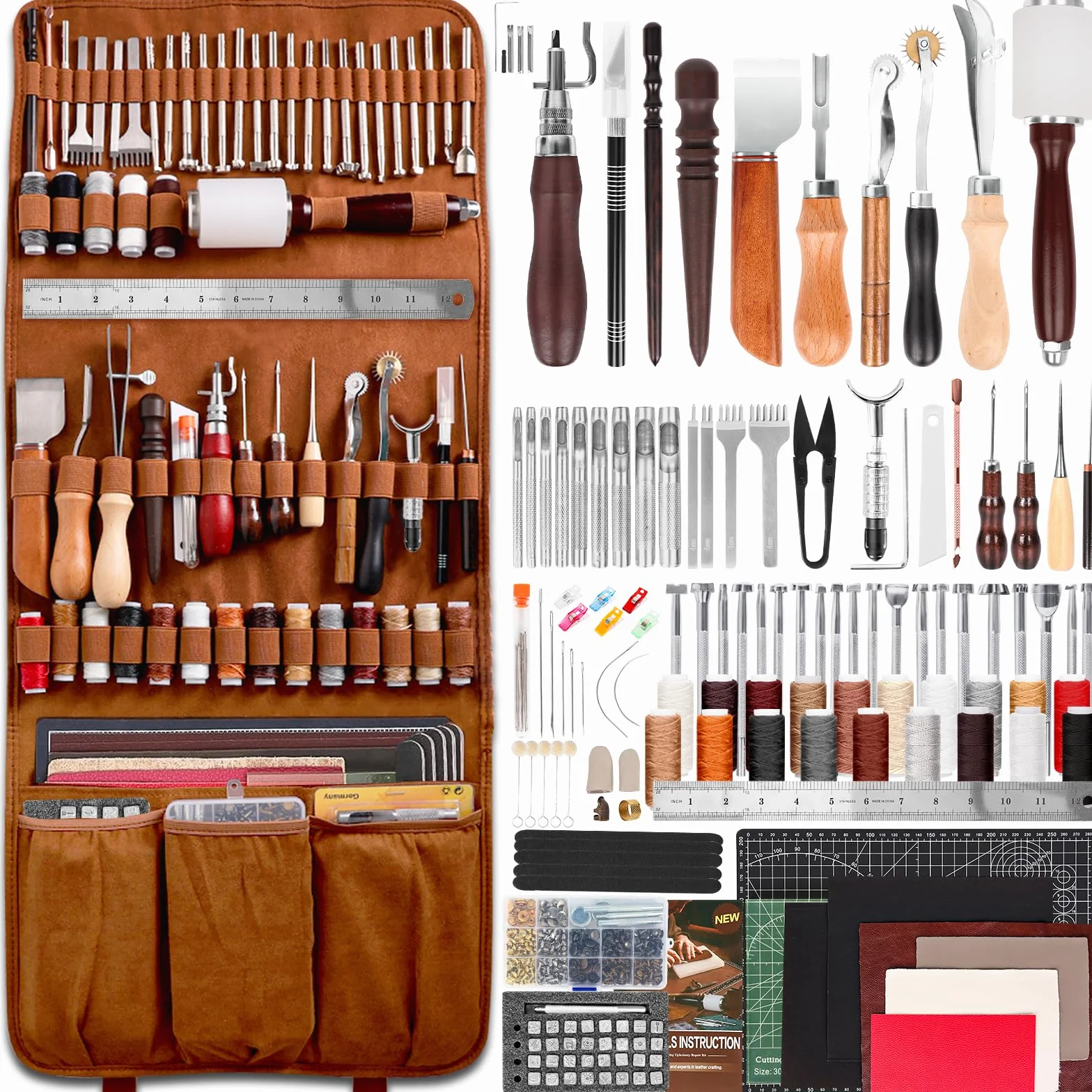 ZAMQIU Kit de trabajo de cuero, kit de herramientas de cuero de 155 piezas con tallado, estampado de costura, perforación, corte, juego de herramientas de trabajo de cuero para principiantes, juego de