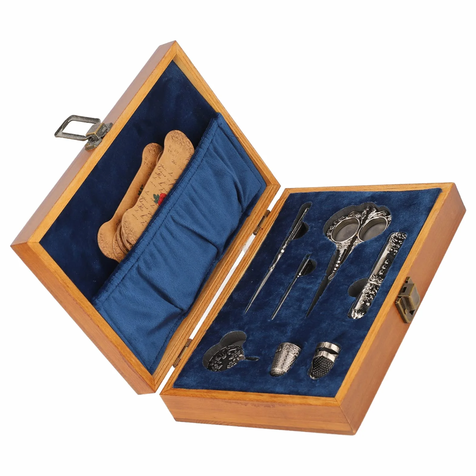 Juego de tijeras de bordado vintage, kit de tijeras de costura de acero inoxidable, caja de costura retro de madera con herramientas de bordado multifuncionales para coser, tejer y (Plata)