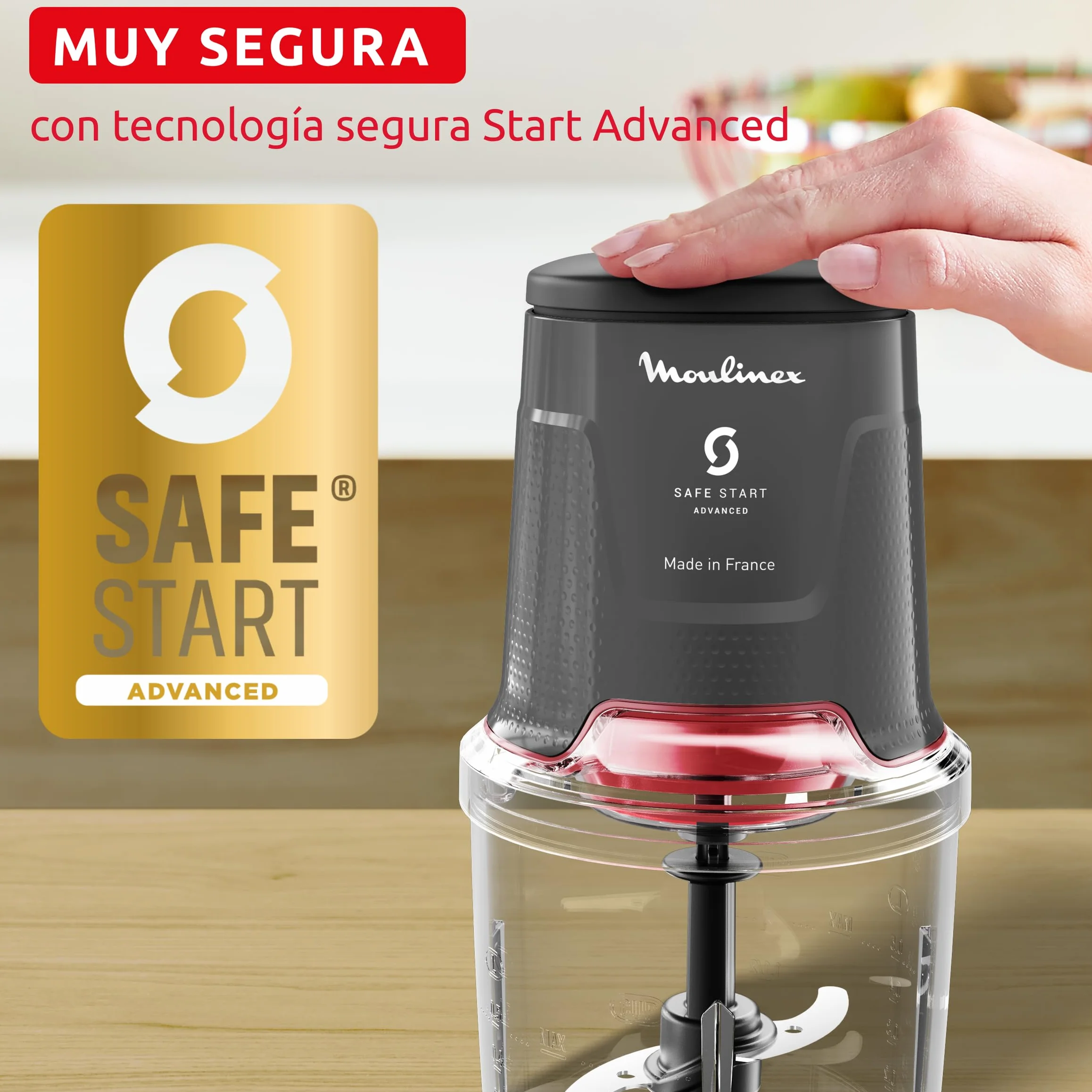 Moulinex Easy Press, Picadora de alimentos, 600 W, Capacidad de 500 ml, 4 cuchillas afiladas de acero inoxidable, Tecnología Safe Start Advanced, 3 funciones, Apta lavavajillas, Gris, AT740HF1