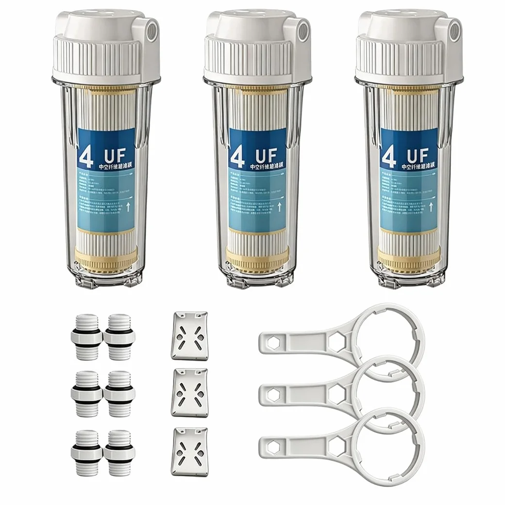 3 Carcasas Filtro Transparentes Compatibles 10" Con Cartuchos Membrana UF Fibra Hueca,0,01 Micras,conectores 1/2", Prefiltración Universal Sistemas Agua Residenciales