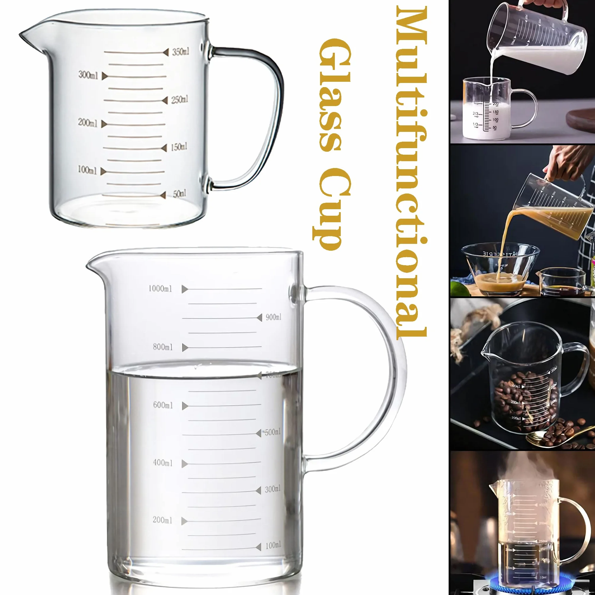 Jarra medidora de vidrio con tapa, vaso graduado con asa, contenedor de almacenamiento de sólidos líquidos, taza medidora con cepillo de limpieza, tazas mezcladoras para hornear bebidas de café, sum