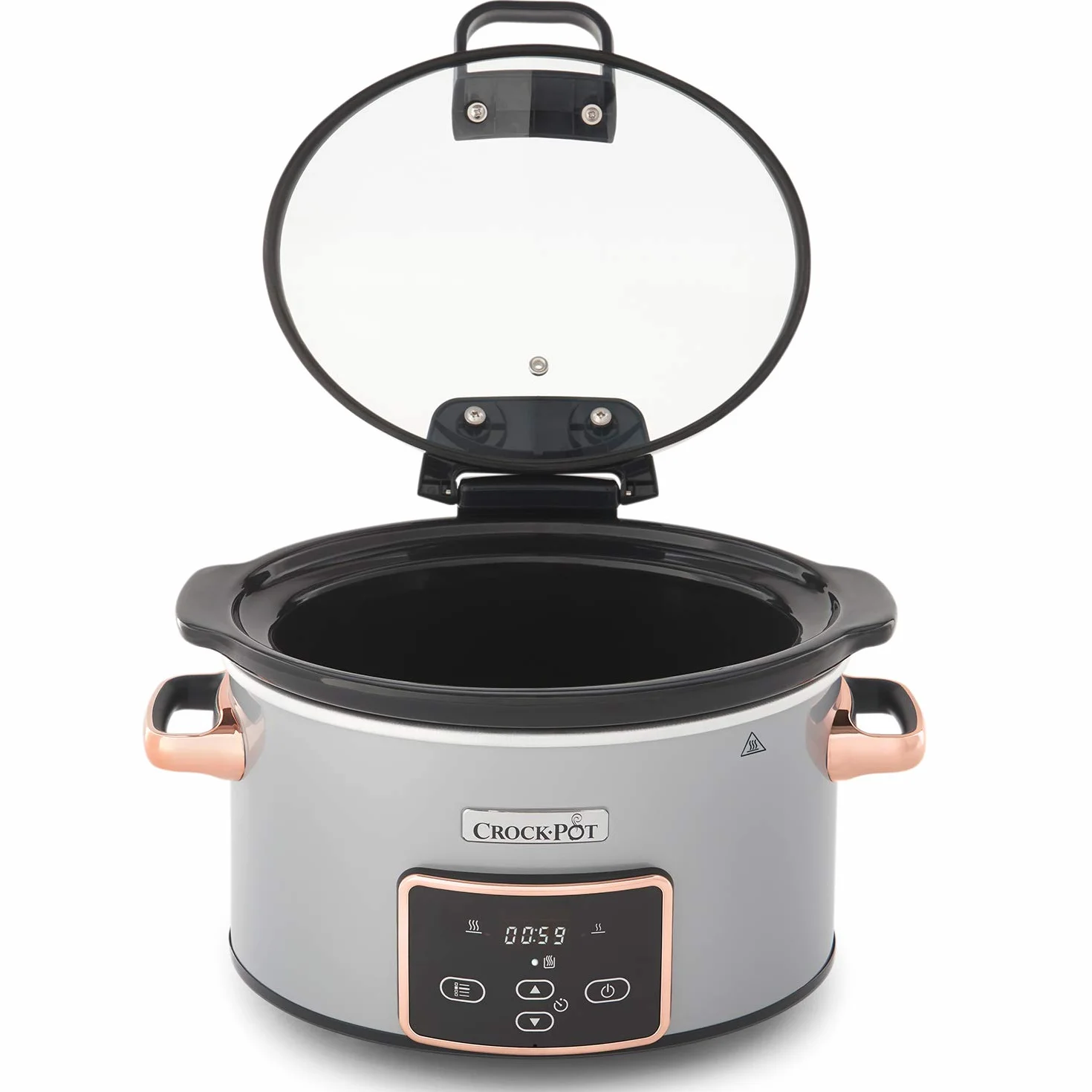 Crock-Pot olla de cocción lenta digital 3,5 litros con tapa bisagras tiempo ajustable plata oro rosa