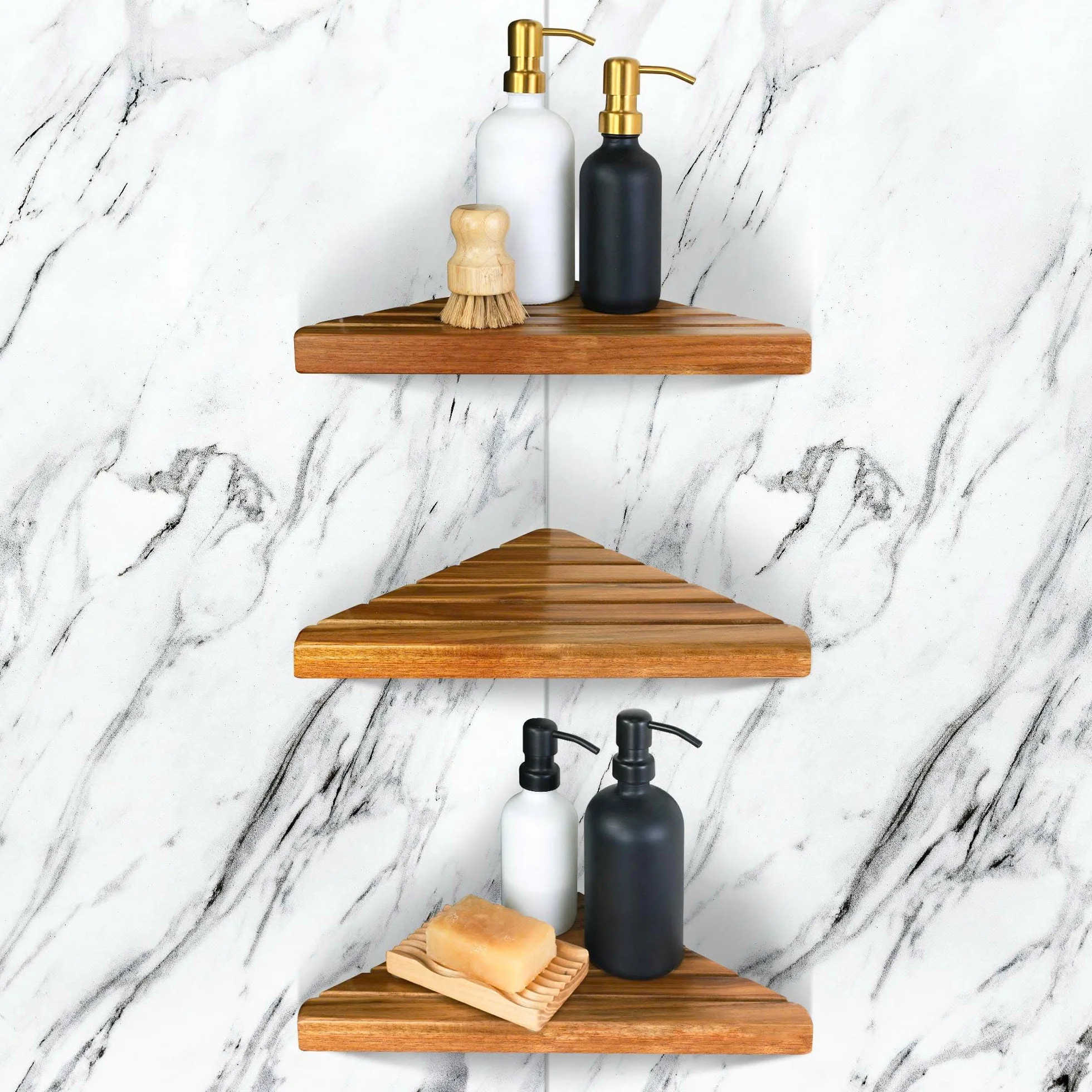 Acacia - Estante de ducha triangular de 2 niveles sin taladro, organizador de baño de madera para paredes de azulejos, estante de almacenamiento de ducha que ahorra espacio, diseño duradero y elegante